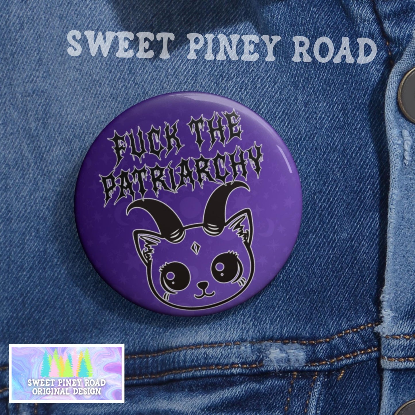 F*ck The Patriarchy Demon Kitty Pin, Metalcore FDT Gothic Cat Button Pinback, Purple Anti MAGA Merch