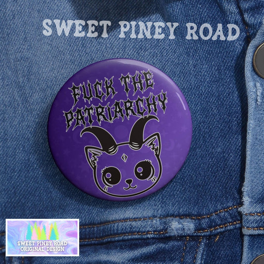 F*ck The Patriarchy Demon Kitty Pin, Metalcore FDT Gothic Cat Button Pinback, Purple Anti MAGA Merch