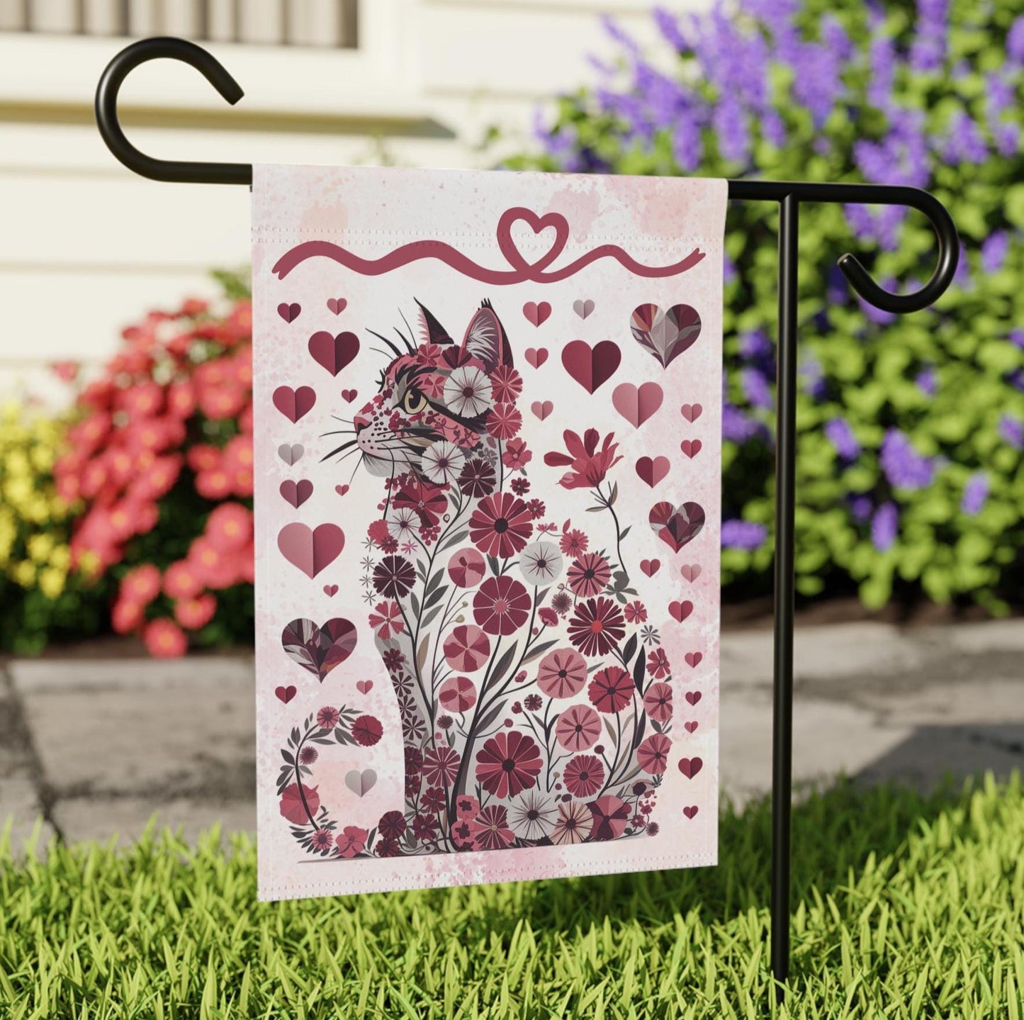 Abstract Flower Cat Yard Banner, Outdoor Beautiful Spring Decor, Garden Sign for Kitty Lover