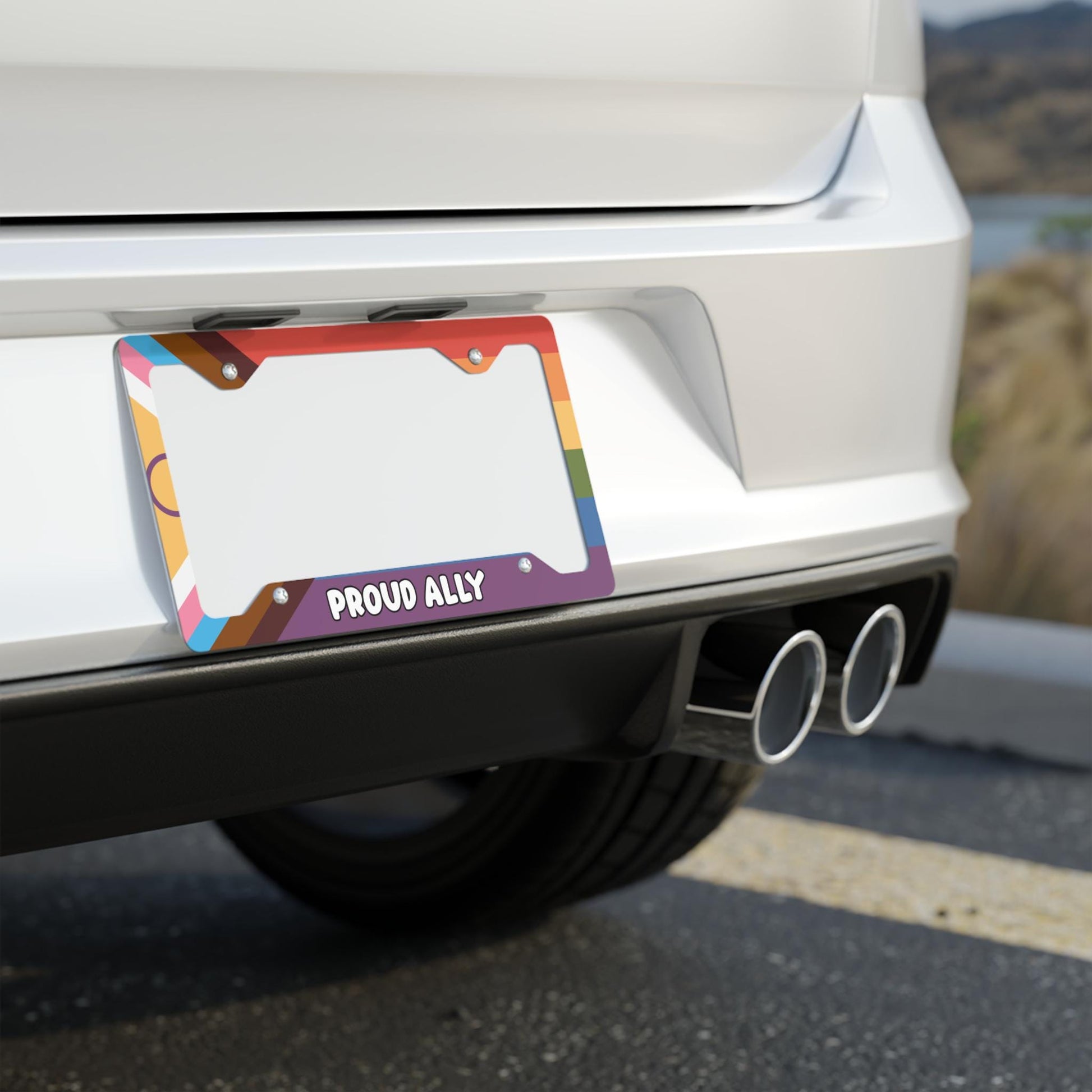 Proud Ally Progress Pride Flag License Plate Frame, LGBTQIA+ Human Rights For All Car Accessory, Gay Lesbian Bisexual Gifts