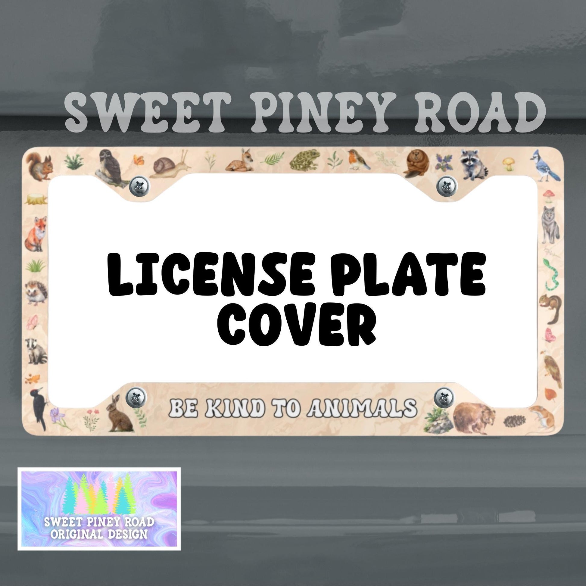 Be Kind To Animals License Plate Frame, Cute Forest Theme Vehicle Decor, I Brake For Critters Car Accessory