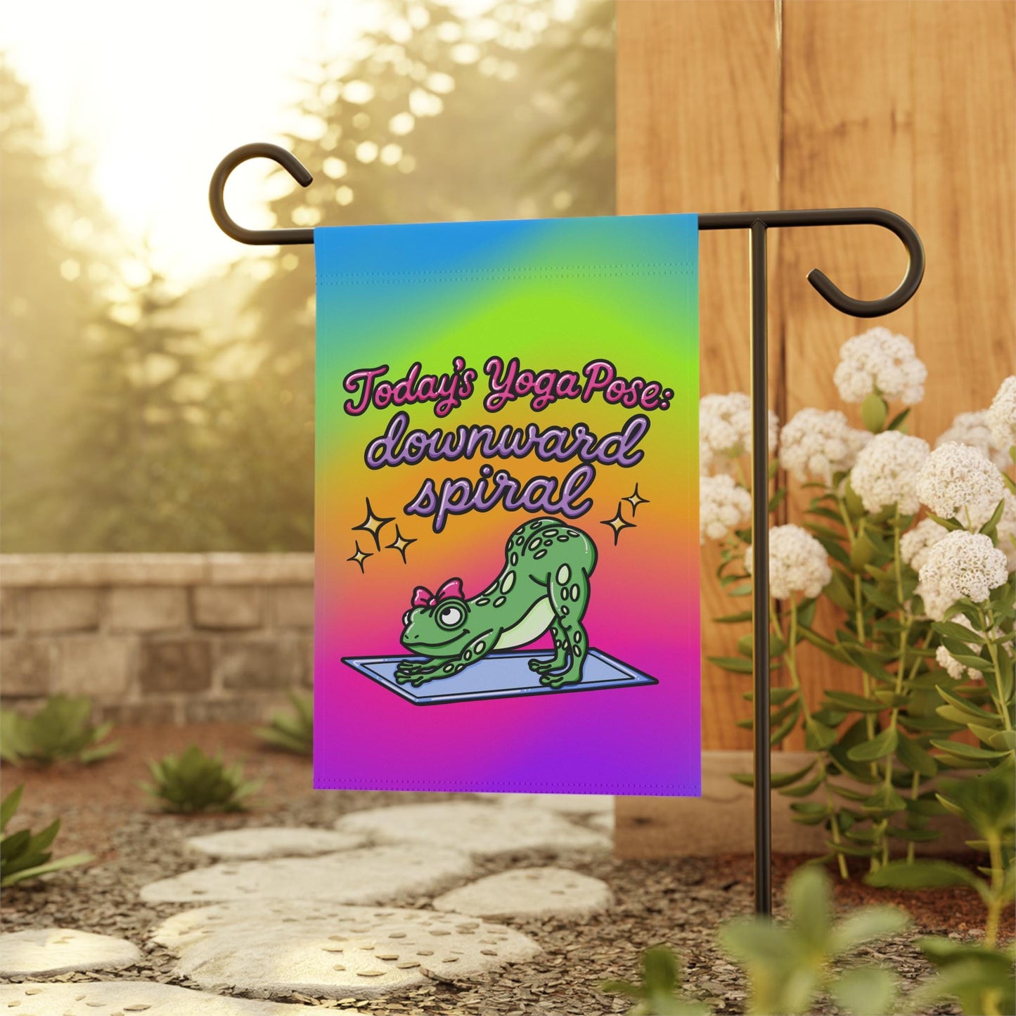 Funny Spiraling Yoga Frog Yard Flag, Hilarious Rainbow Mental Health Garden Banner, Gag Gift Humor