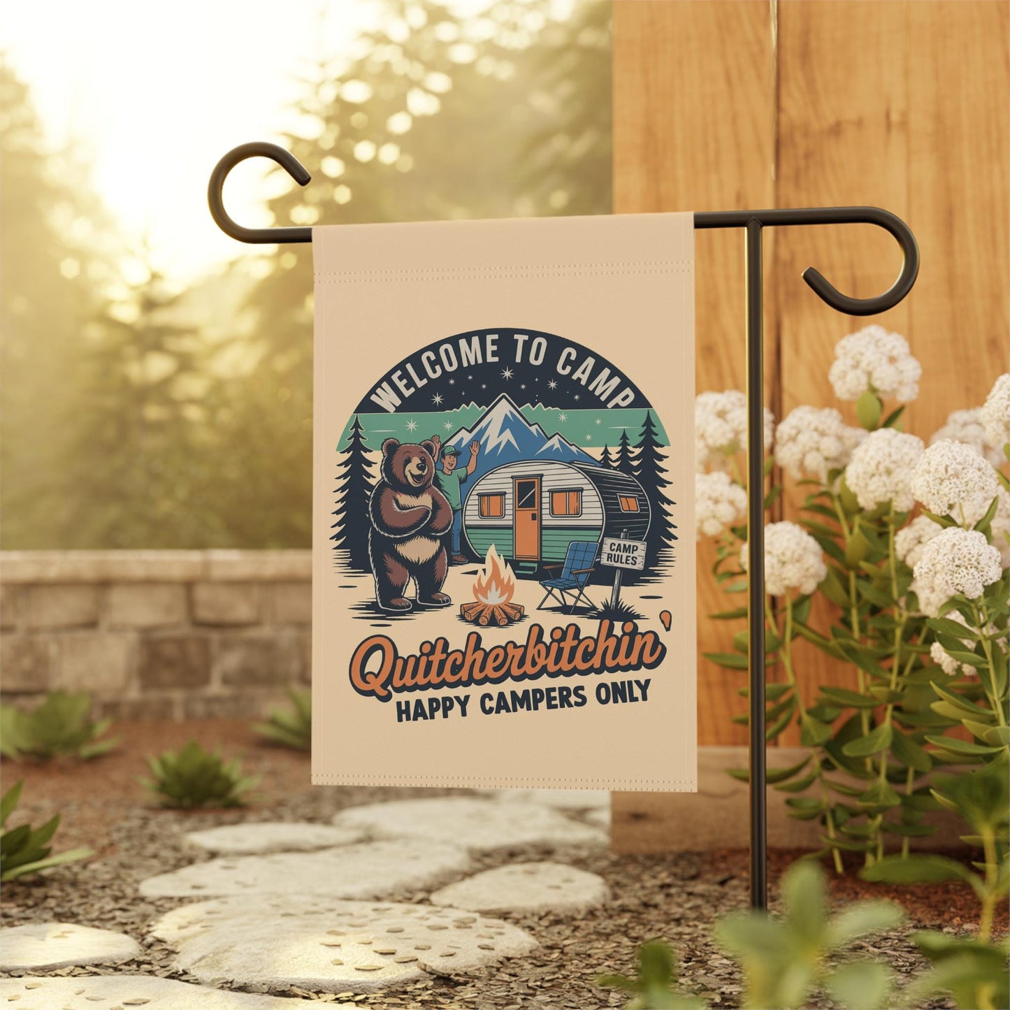Welcome To Camp Yard Flag, Happy Camper Garden Banner, Funny Quit Your B*tching Outdoor Sign, Gift For Camp Owner