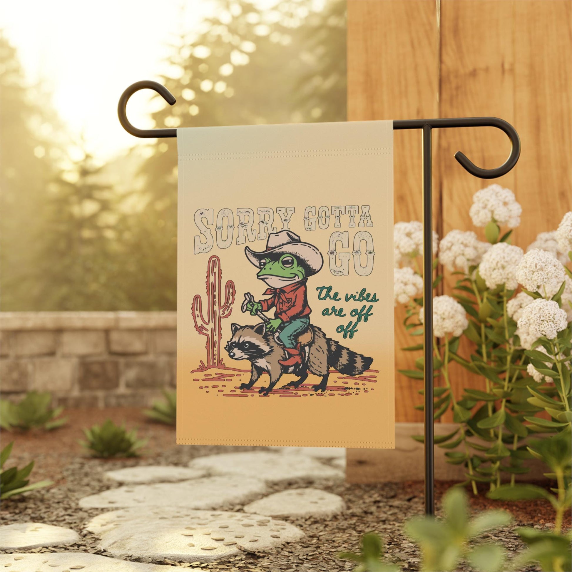 The Vibes Are Off Yard Flag, Cowboy Frog Riding Raccoon Garden Banner, Hilarious Vintage Style Western Outdoor Decor, Animal Lover Gift