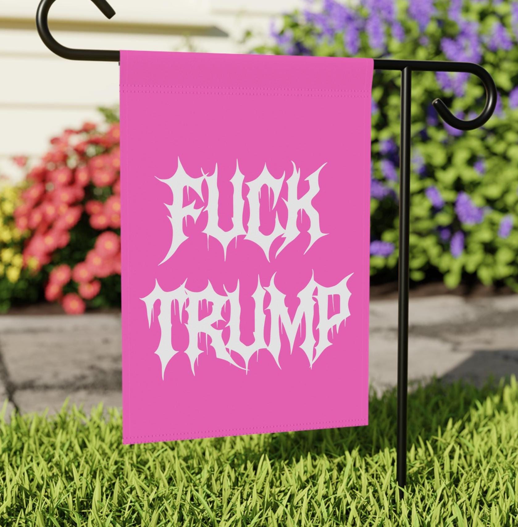 F*ck Trump Pink Metalcore Yard Flag, Alternative Goth Garden Banner, Gothic Font Outdoor Decor, Deathcore Hardcore FDT, Pro Immigration