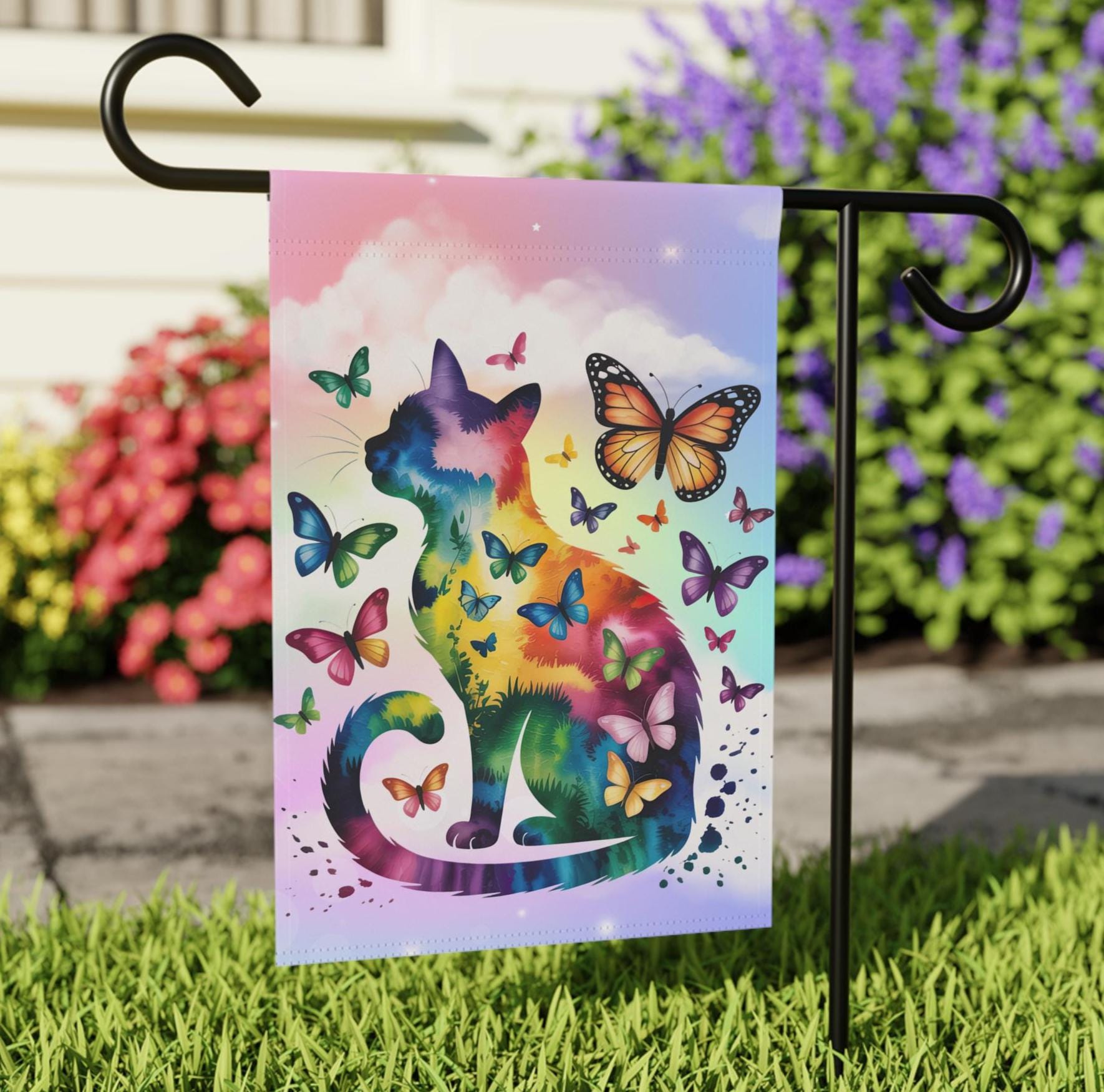 Abstract Butterfly Cat Yard Banner, Outdoor Beautiful Spring Decor, Garden Sign for Kitty Lover