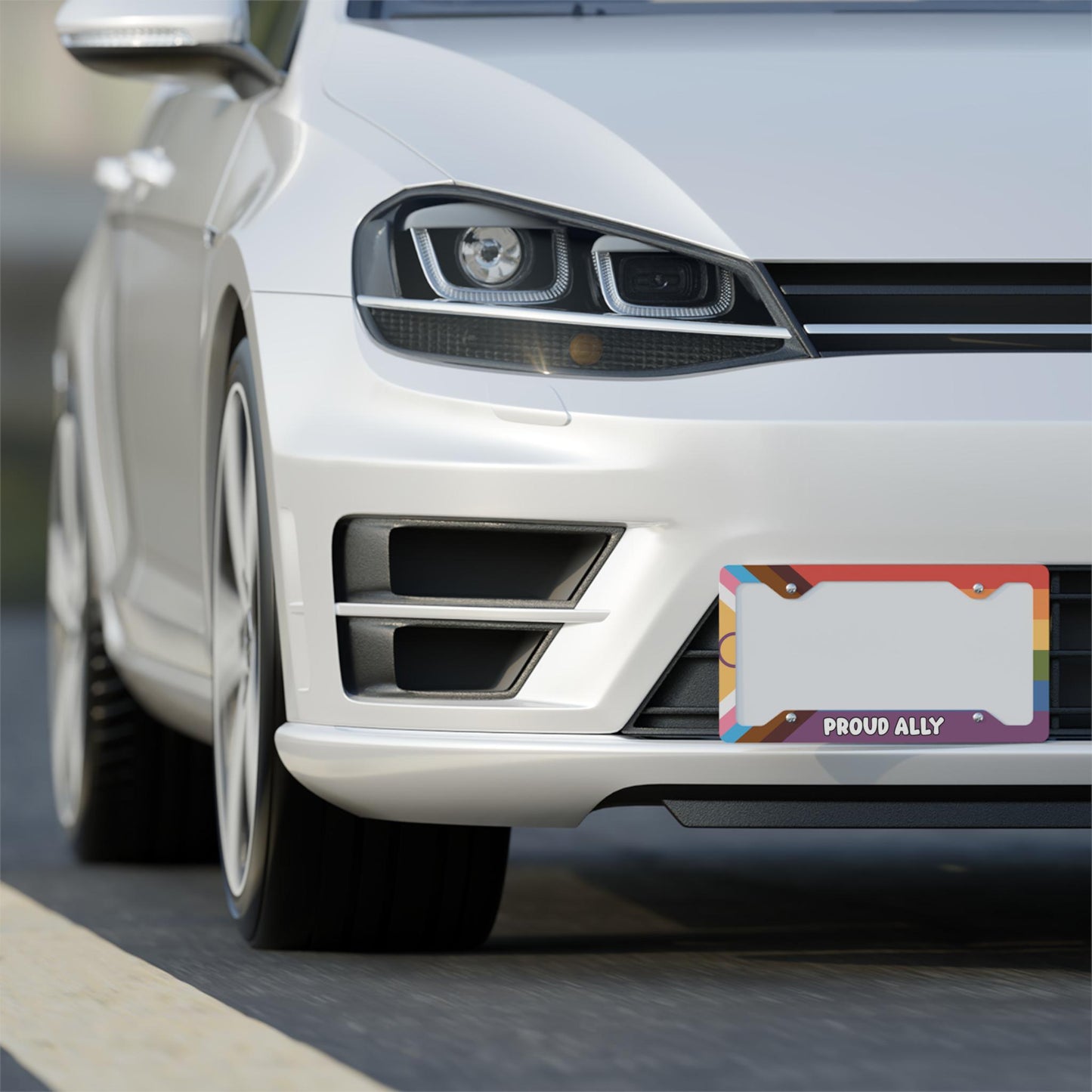 Proud Ally Progress Pride Flag License Plate Frame, LGBTQIA+ Human Rights For All Car Accessory, Gay Lesbian Bisexual Gifts