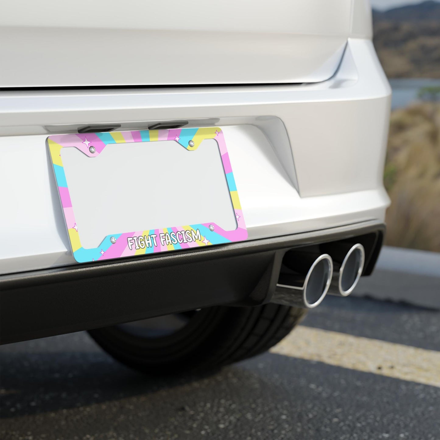 Fight Fascism License Plate Frame, FDT Car Accessory, Anti-MAGA Anti Trump Gift for Leftist, Human Rights For All, Cute Pastel Y2K Design