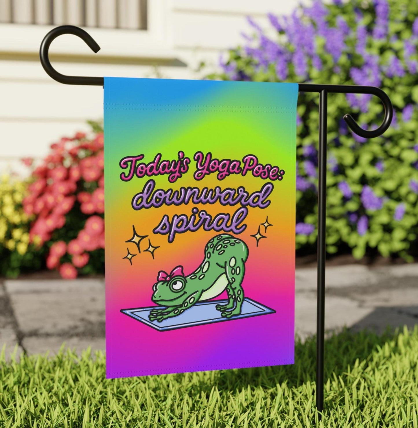 Funny Spiraling Yoga Frog Yard Flag, Hilarious Rainbow Mental Health Garden Banner, Gag Gift Humor