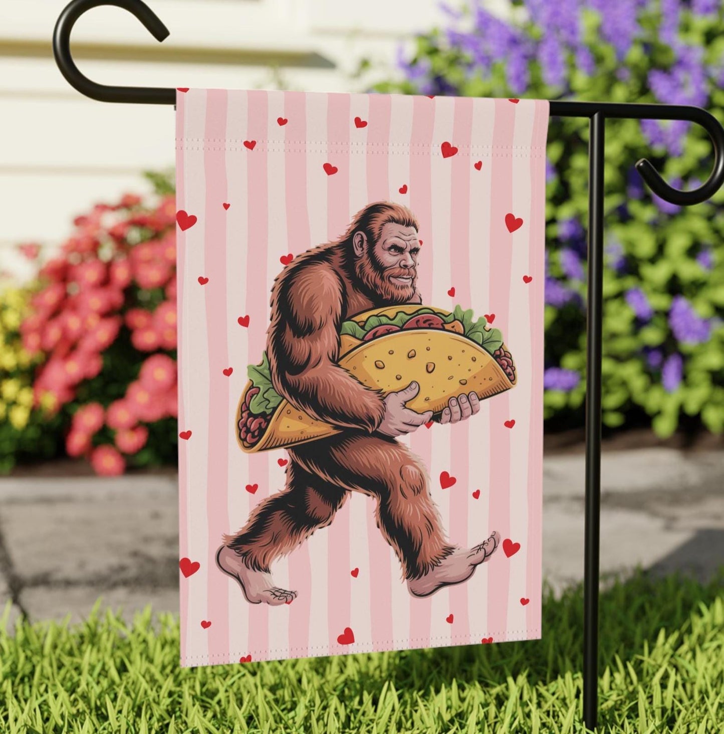 Bigfoot Taco Loving Yard Flag, Hilarious Sasquatch Garden Banner, I love Tacos Outdoor Decoration for House