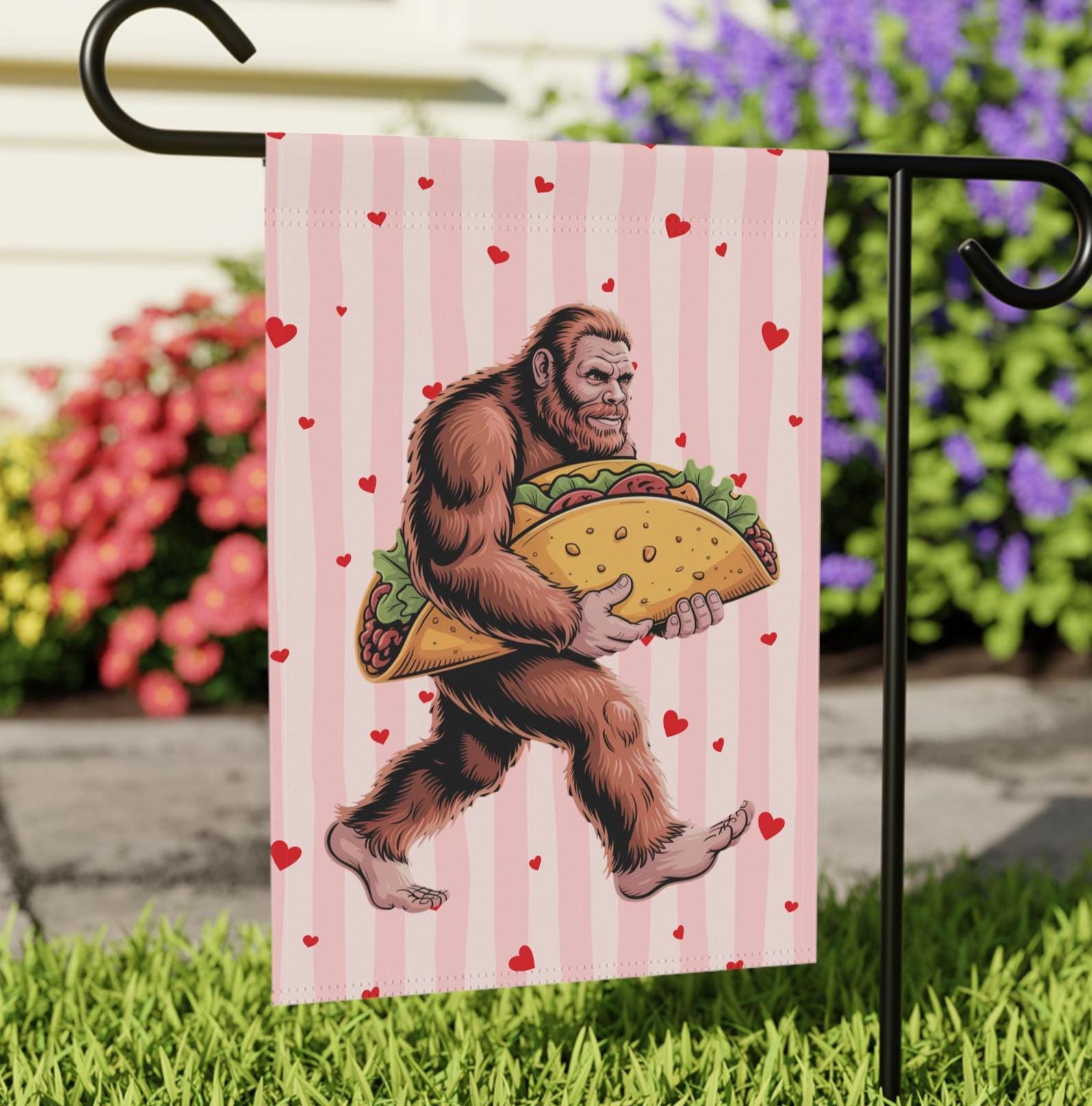 Bigfoot Taco Loving Yard Flag, Hilarious Sasquatch Garden Banner, I love Tacos Outdoor Decoration for House