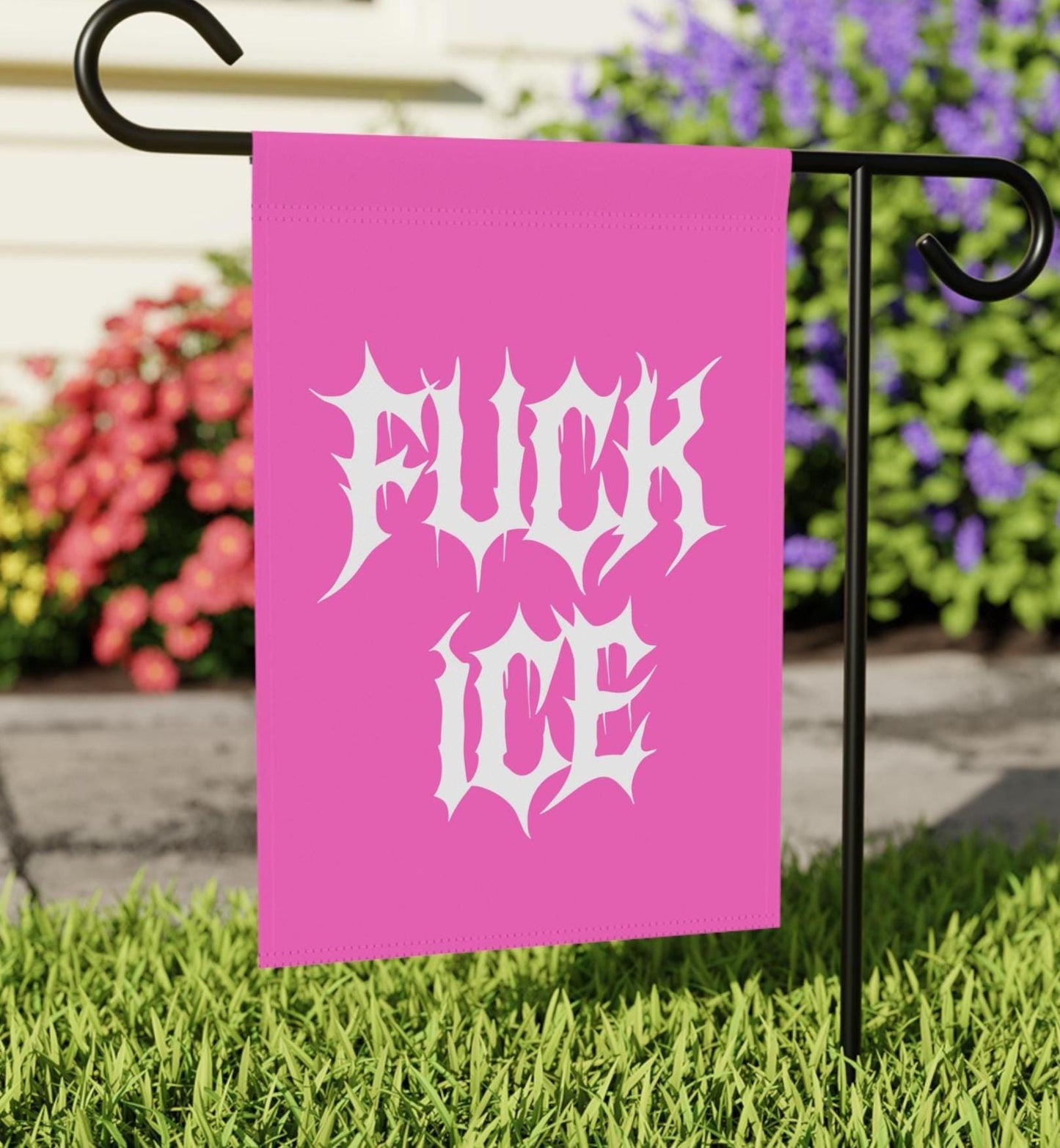 F*ck ICE Pink Metalcore Yard Flag, Alternative Goth Garden Banner, Gothic Font Outdoor Decor, Deathcore Hardcore FDT, Pro Immigration