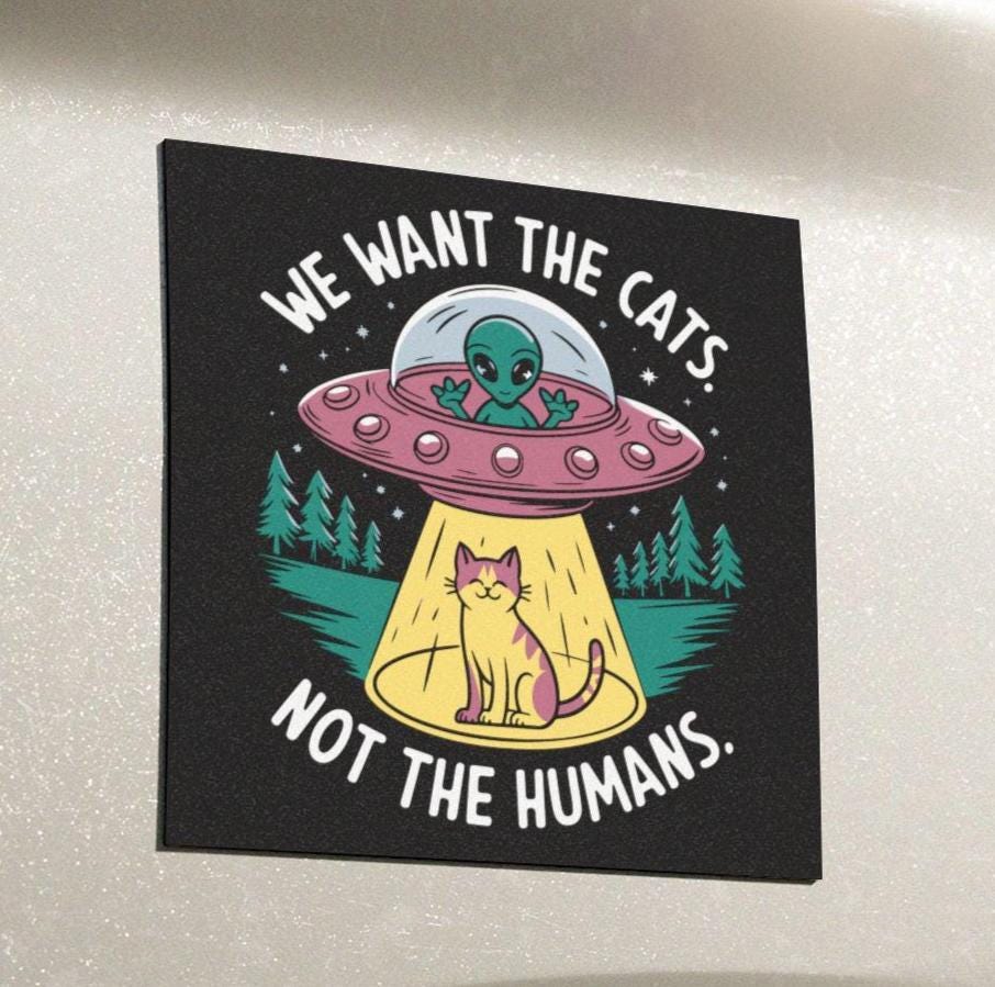 We Want The Cats Not The Humans UFO Cat Car Magnet, Alien Abduction Gift Idea, Funny Trendy Waterproof