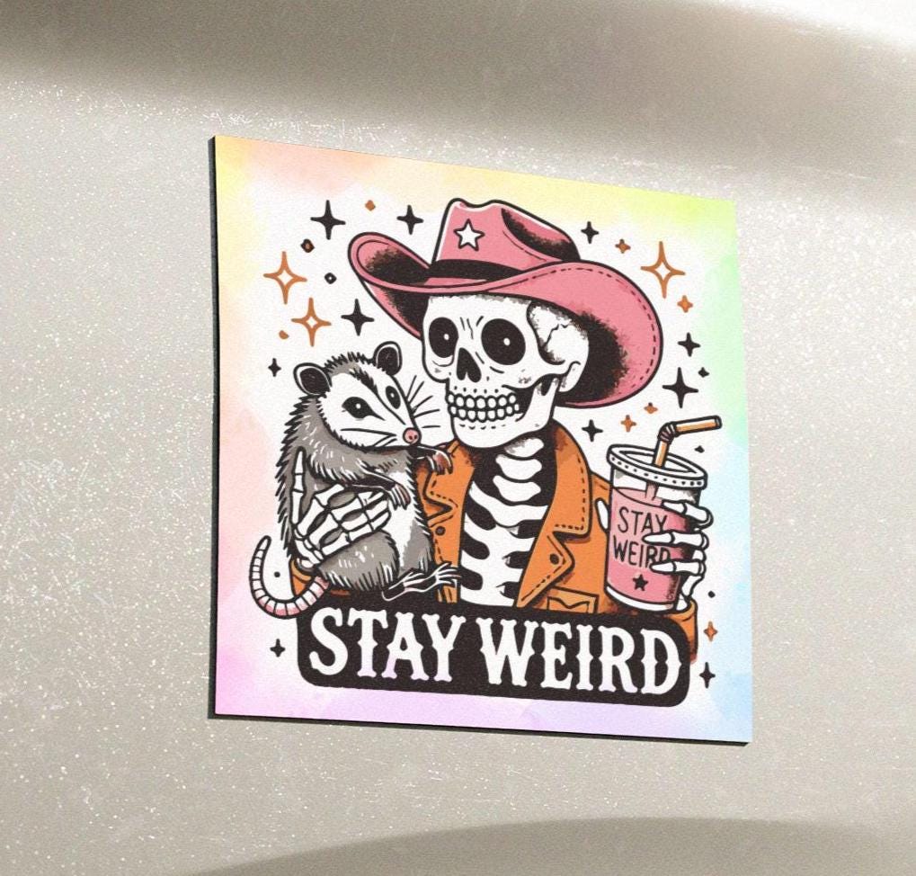 Stay Weird Skeleton Possum Car Magnet, Cute Retro Opossum, Country Pastel Aesthetic