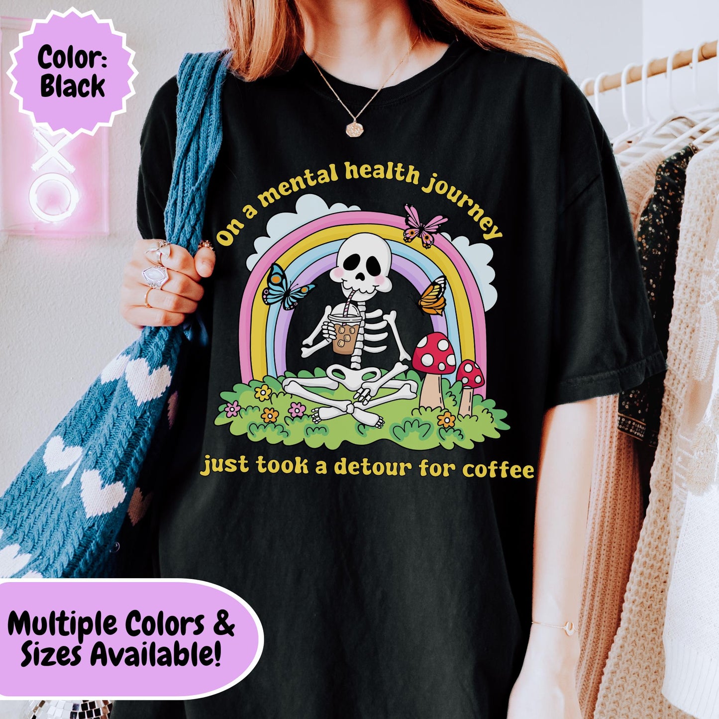 Comfort Colors® Funny Anxiety Coffee Lover Shirt, Cute Skeleton Mental Health Tee