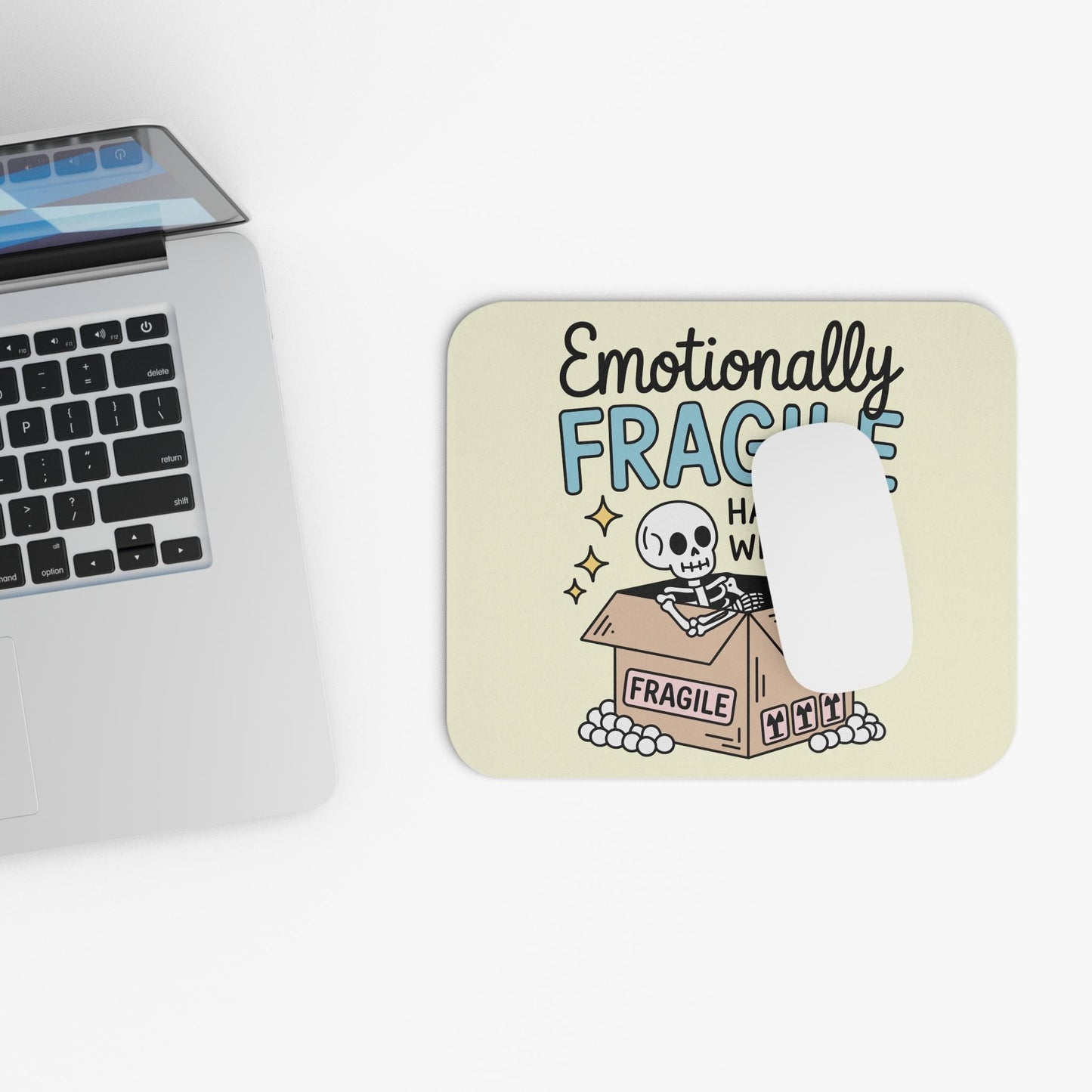 Funny Emotionally Fragile Mouse Pad, Skeleton Humor Office Decor