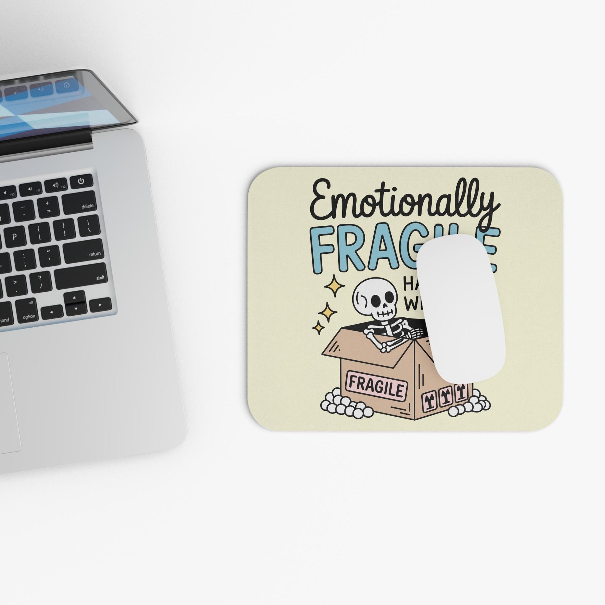 Funny Emotionally Fragile Mouse Pad, Skeleton Humor Office Decor