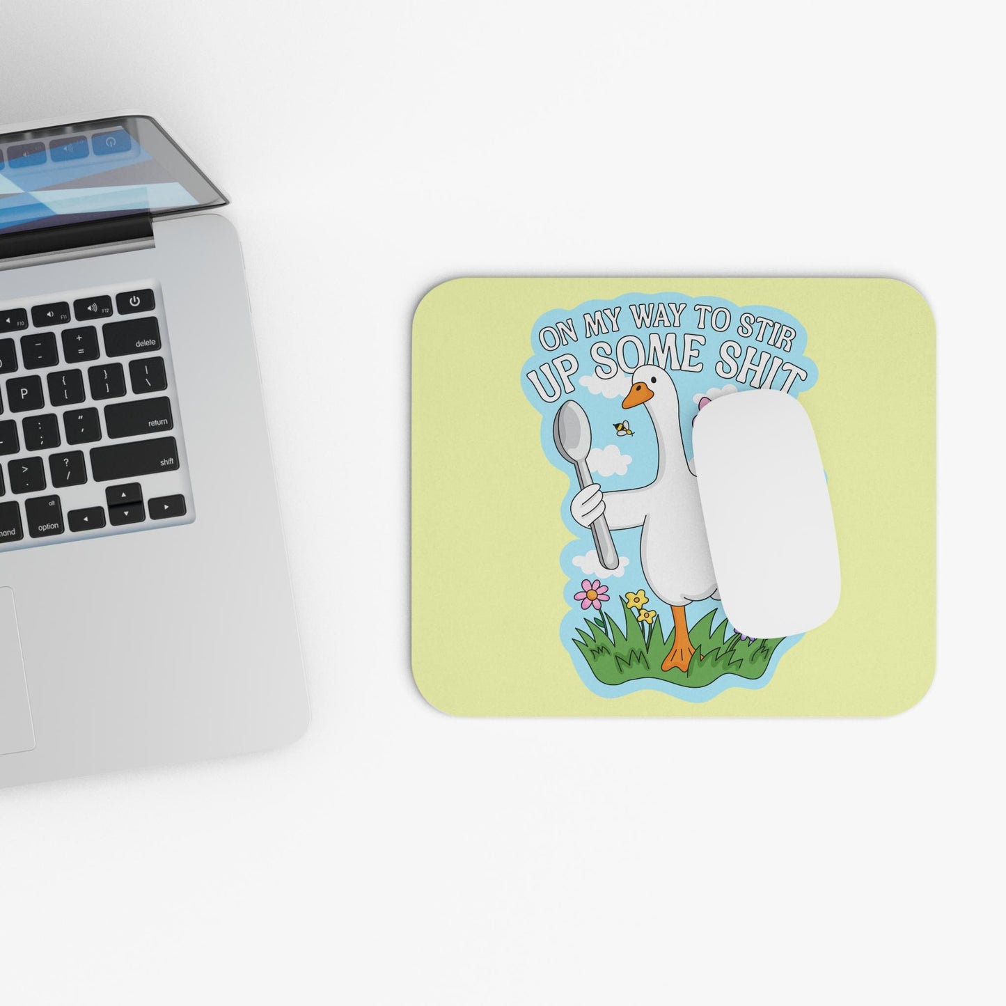 On My Way to Stir Up Some Shit Mouse Pad, Funny Goose Desk Accessory, Chaotic Goose Humor Gift, Unhinged Desk Decor, Silly Goose Gift