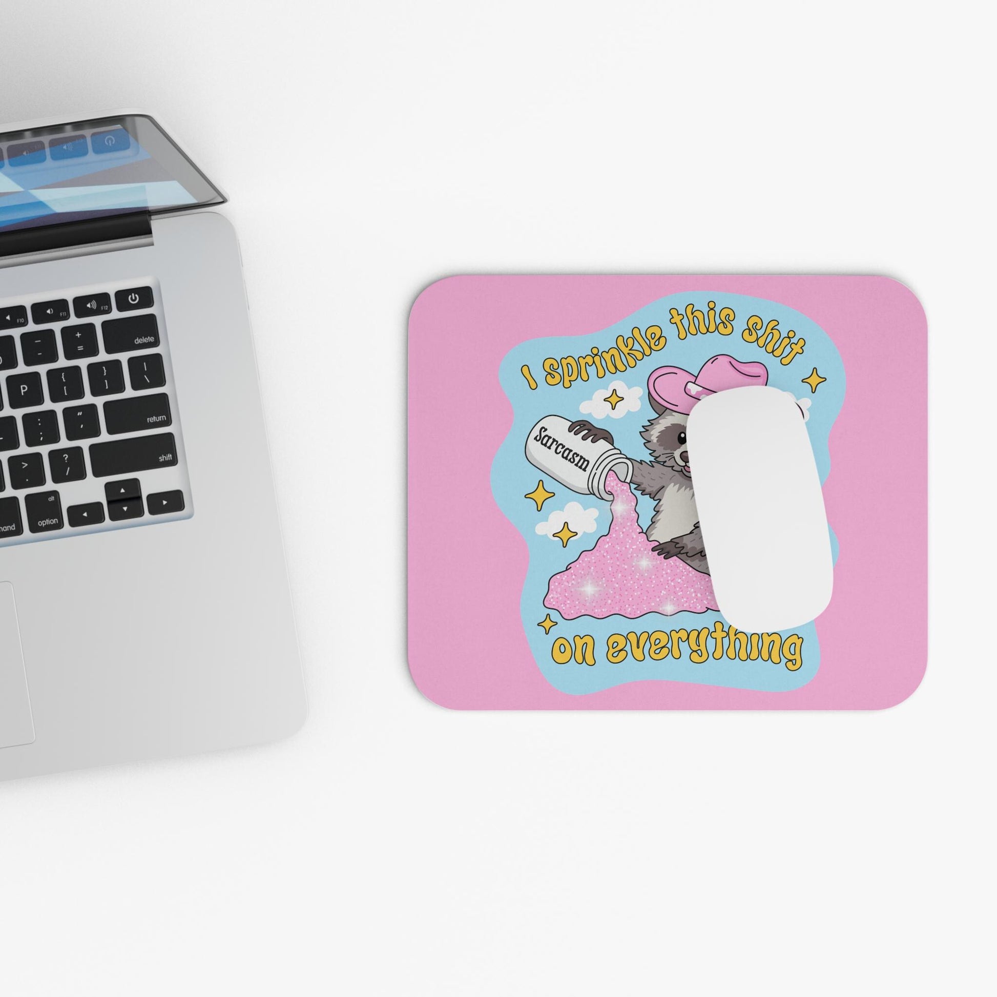 I Sprinkle This Sh*t On Everything Mouse Pad, Sarcasm Raccoon Desk Accessory, Funny Cowgirl Raccoon Gift, Snarky Office Decor