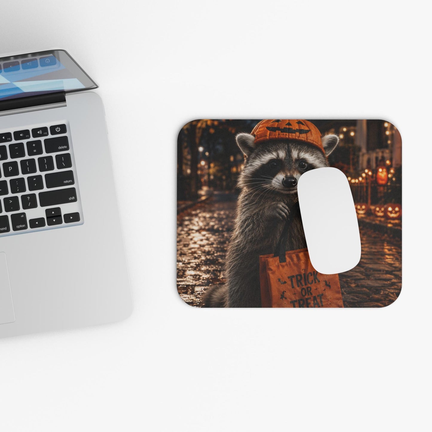 Halloween Raccoon Mouse Pad, Cute Trick or Treat Raccoon Desk Accessory, Spooky Fall Decor, Autumn Animal Gift, Halloween Office Decor