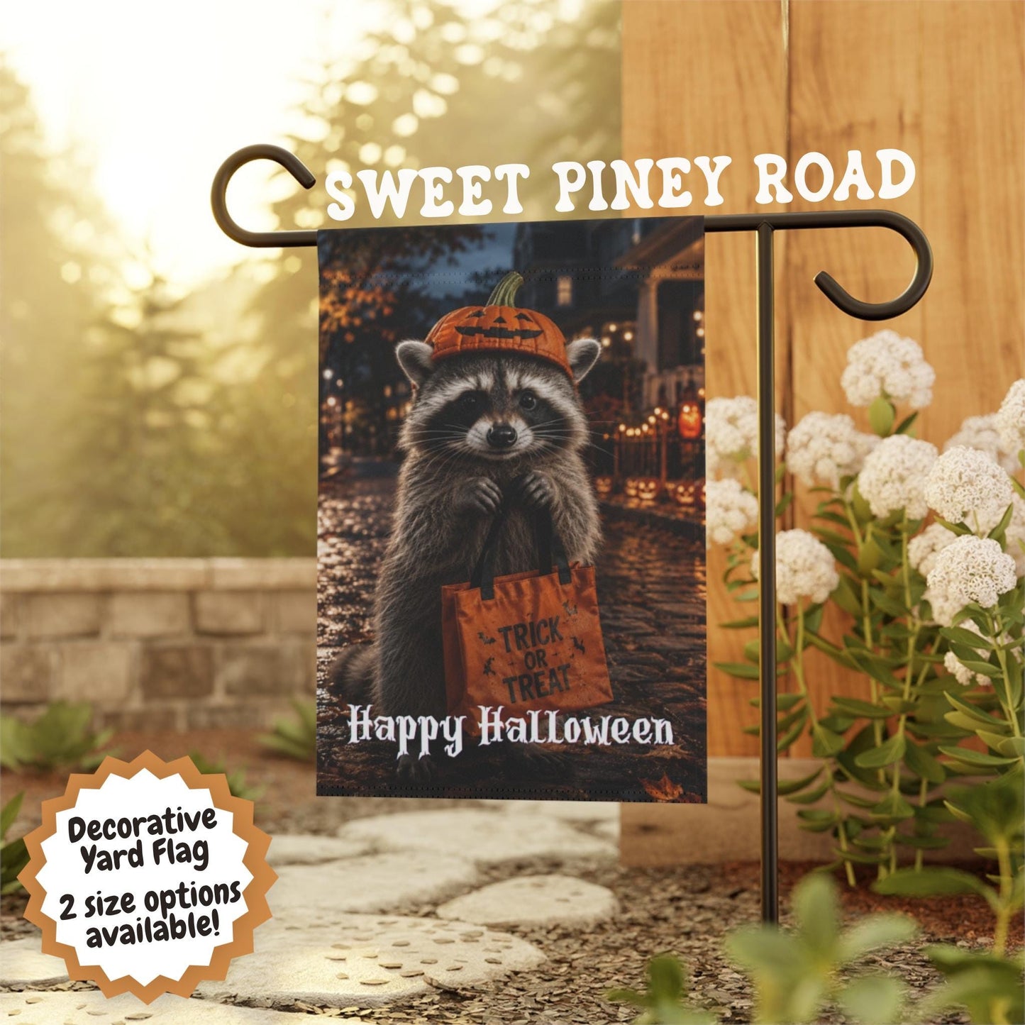 Halloween Raccoon Yard Flag, Cute Trick or Treat Raccoon Garden Flag, Spooky Fall Porch Decor, Autumn Outdoor Decoration