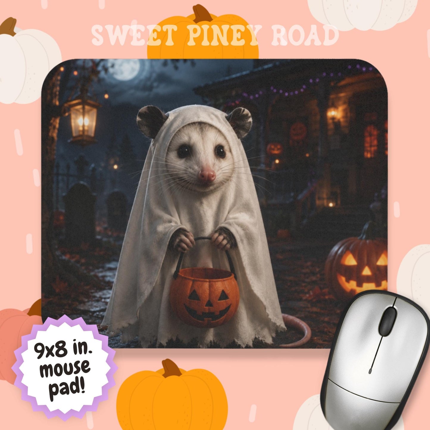 Halloween Possum Mouse Pad, Cute Ghost Possum Desk Accessory, Trick or Treat Opossum Decor, Spooky Season Office Gift, Fall Animal Mousepad