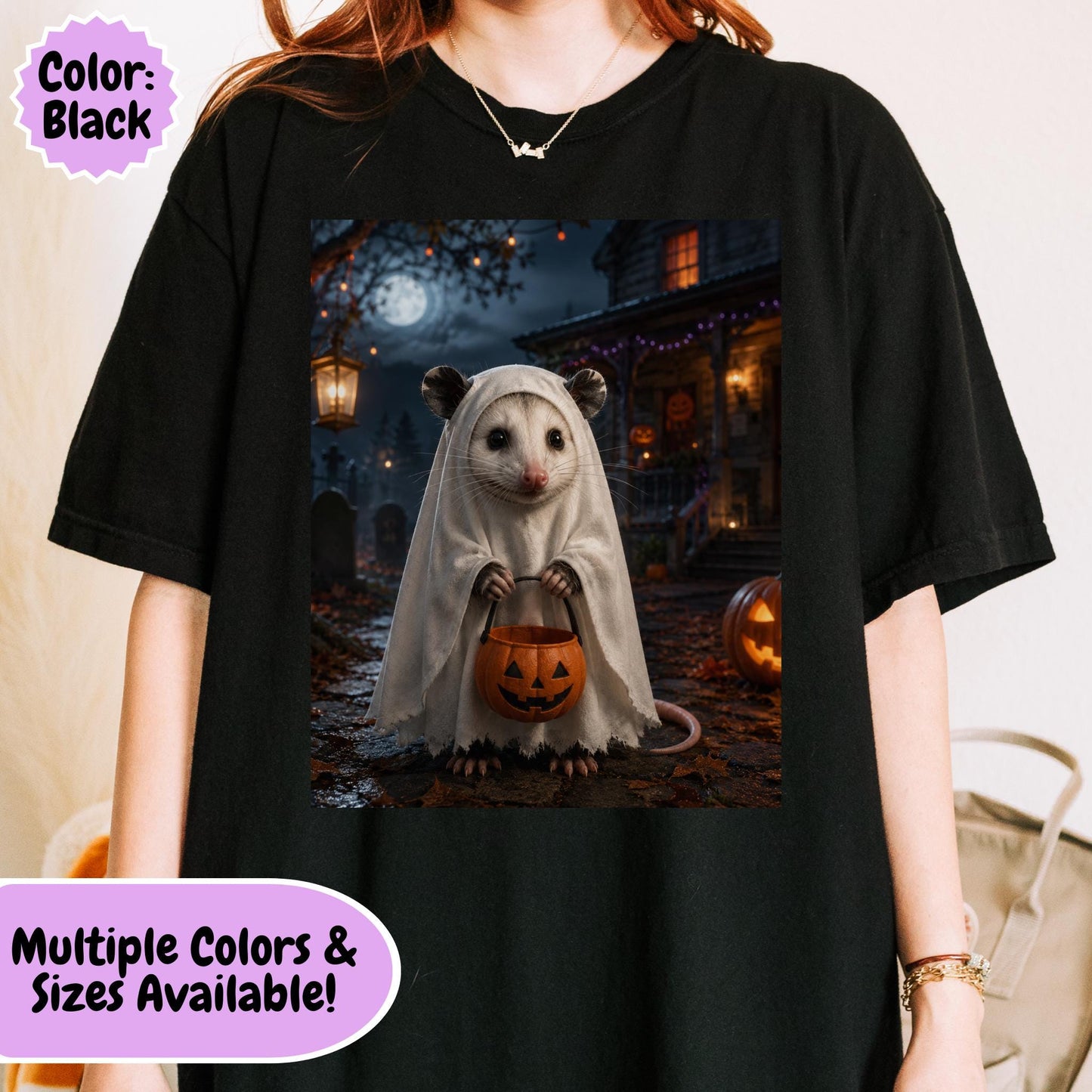 Cute possum wearing a ghost costume and holding a pumpkin trick or treat bucket in a moonlit Halloween scene with pumpkins, autumn leaves, and a spooky decorated house.