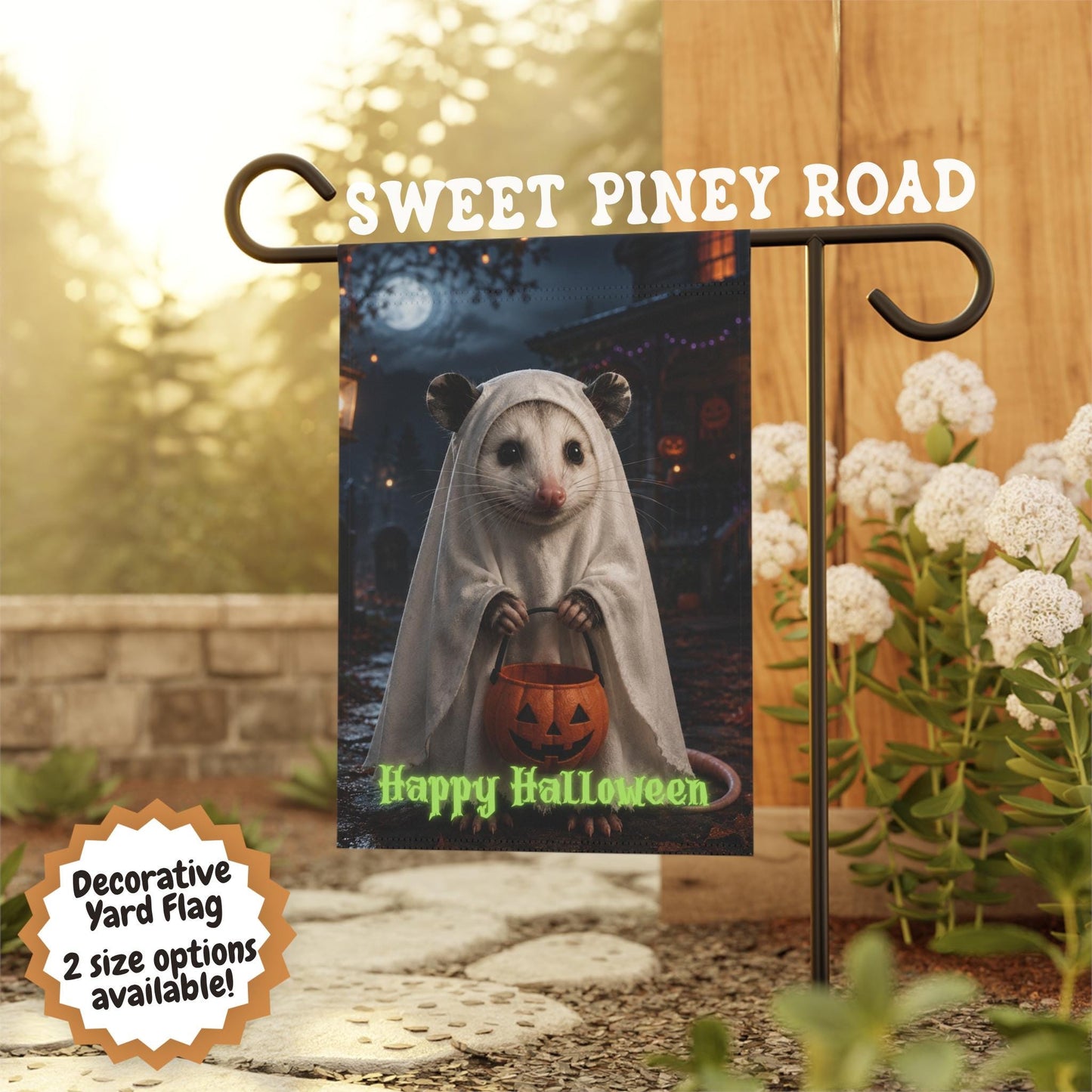 Halloween Possum Yard Flag, Cute Ghost Possum Garden Flag, Spooky Fall Porch Decor, Autumn Outdoor Halloween Decoration
