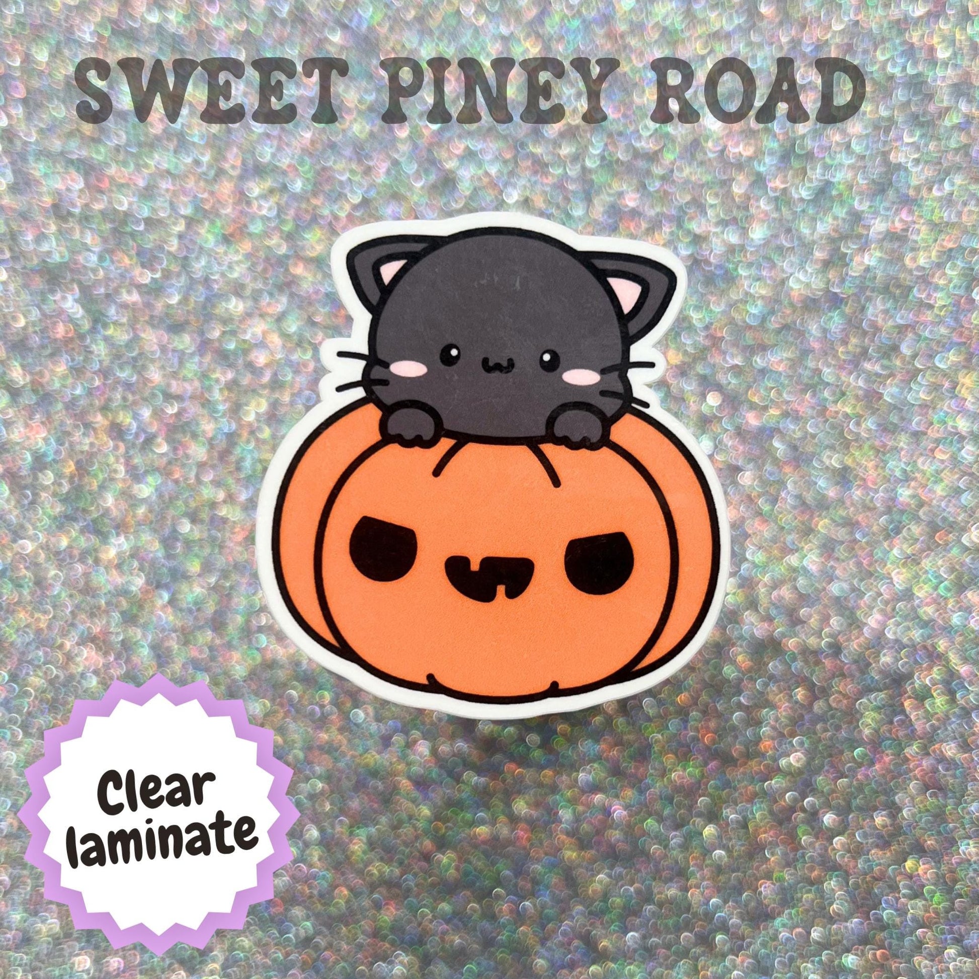 Cute kawaii black cat sitting on top of a smiling jack o lantern pumpkin, featuring a whimsical Halloween design with soft pastel colors and a cozy autumn aesthetic.