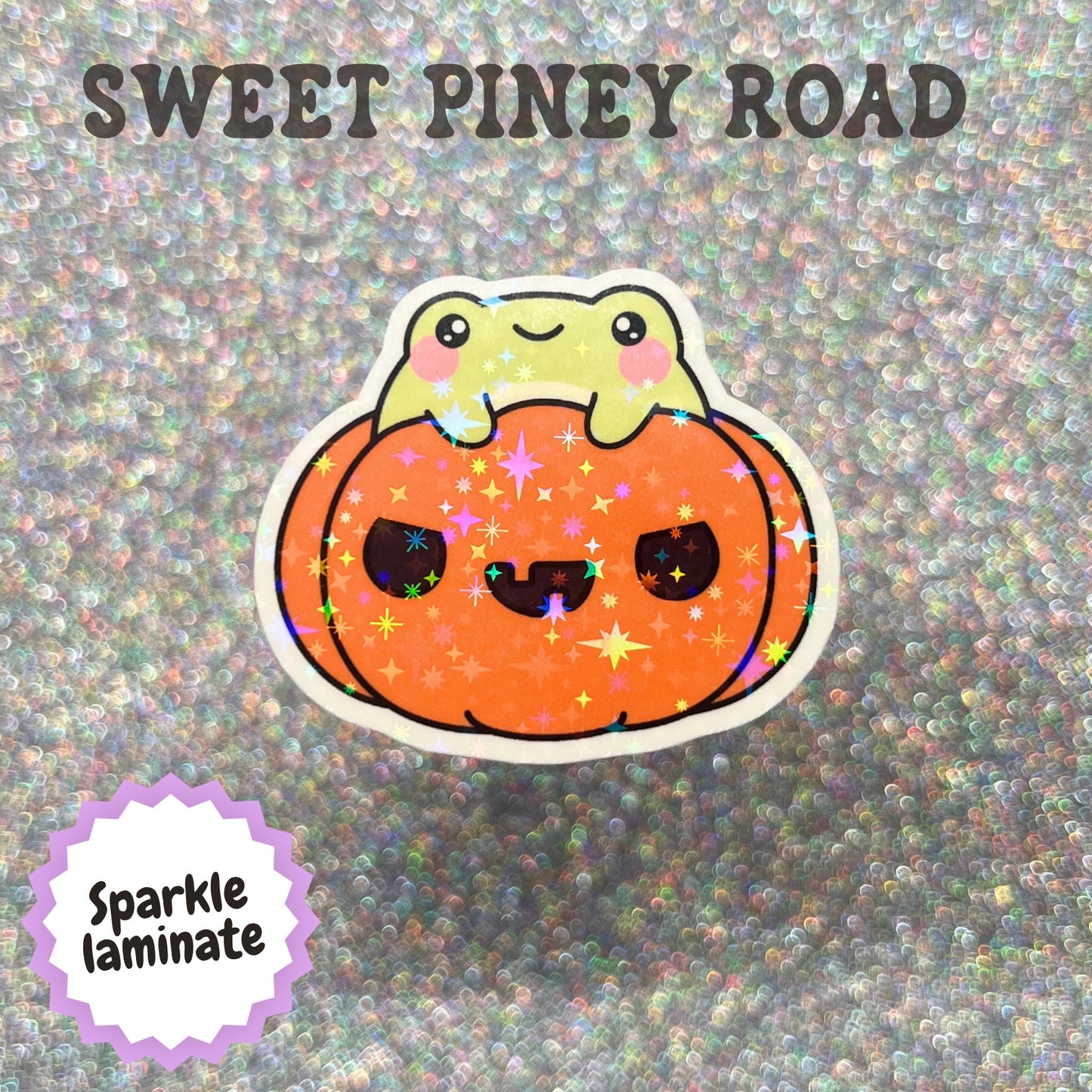 Cute kawaii green toad peeking over a smiling jack o lantern pumpkin, featuring a whimsical Halloween design with cozy autumn colors.