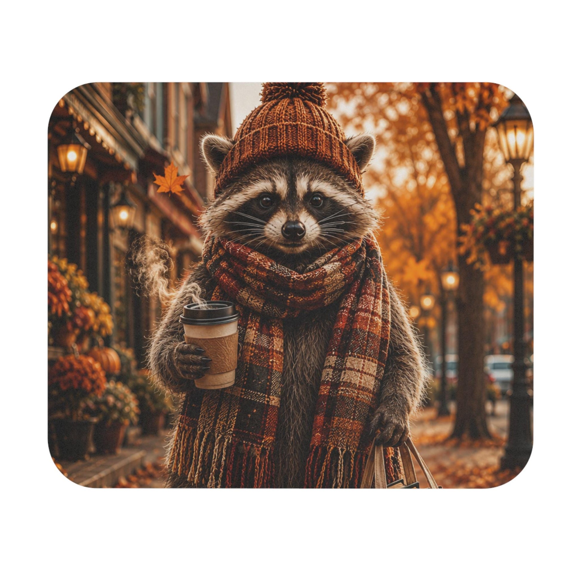 Autumn Raccoon Mouse Pad, Cozy Fall Raccoon Desk Accessory, Pumpkin Spice Coffee Decor, Cottagecore Animal Gift, Fall Office Mousepad