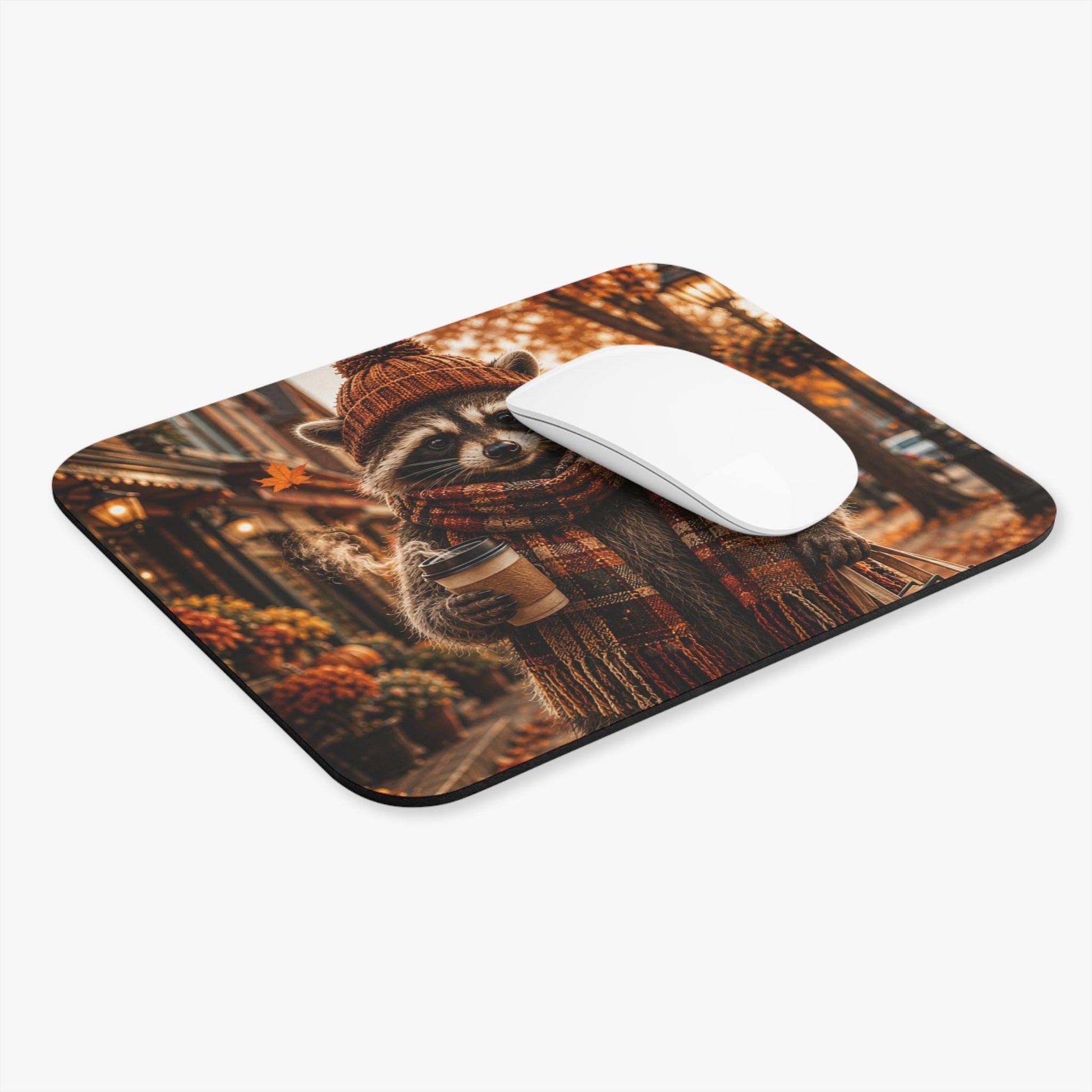 Autumn Raccoon Mouse Pad, Cozy Fall Raccoon Desk Accessory, Pumpkin Spice Coffee Decor, Cottagecore Animal Gift, Fall Office Mousepad