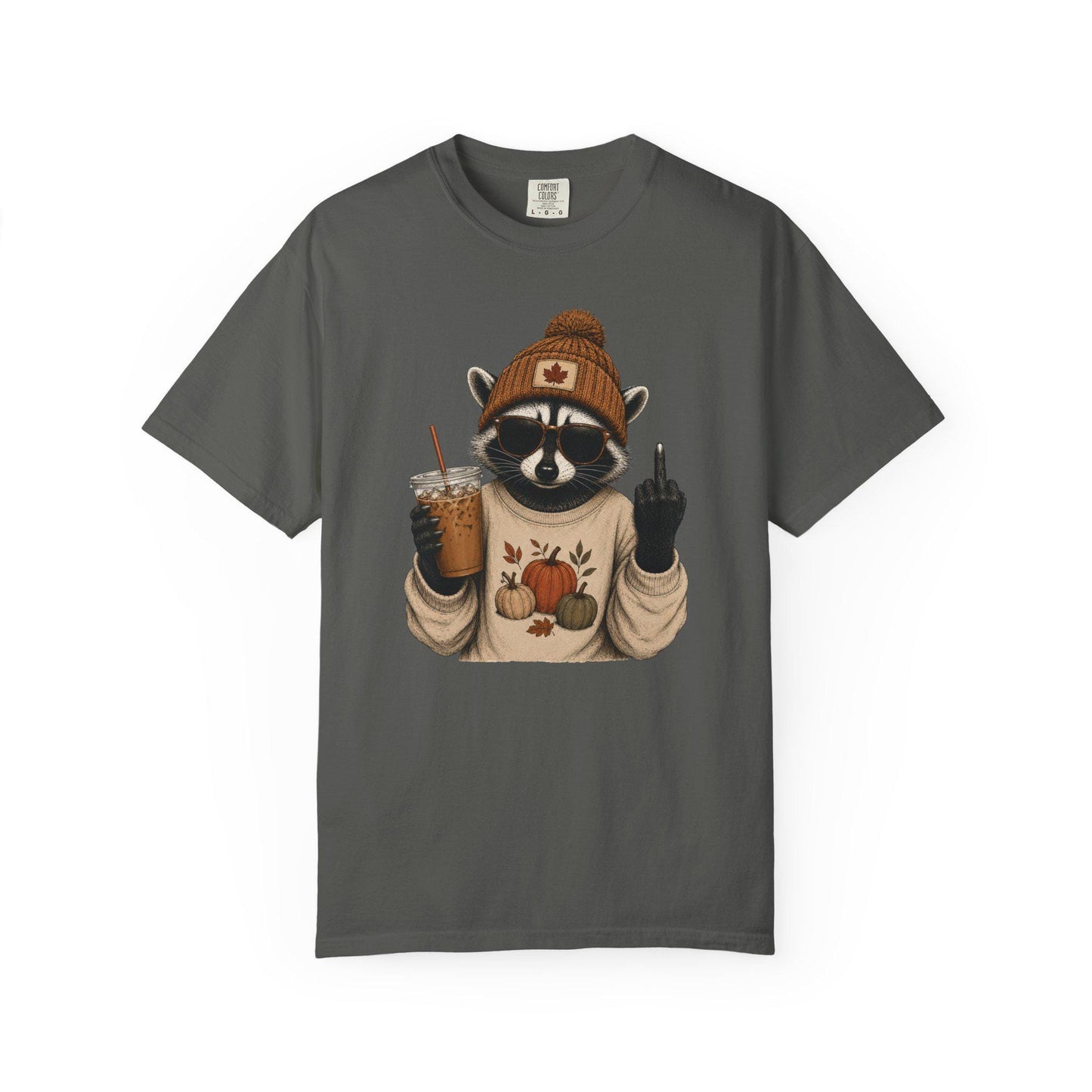 Funny Fall Raccoon Shirt, Cozy Autumn Coffee Lover Tee, Cute Woodland Animal Graphic T-Shirt, Pumpkin Season Gift