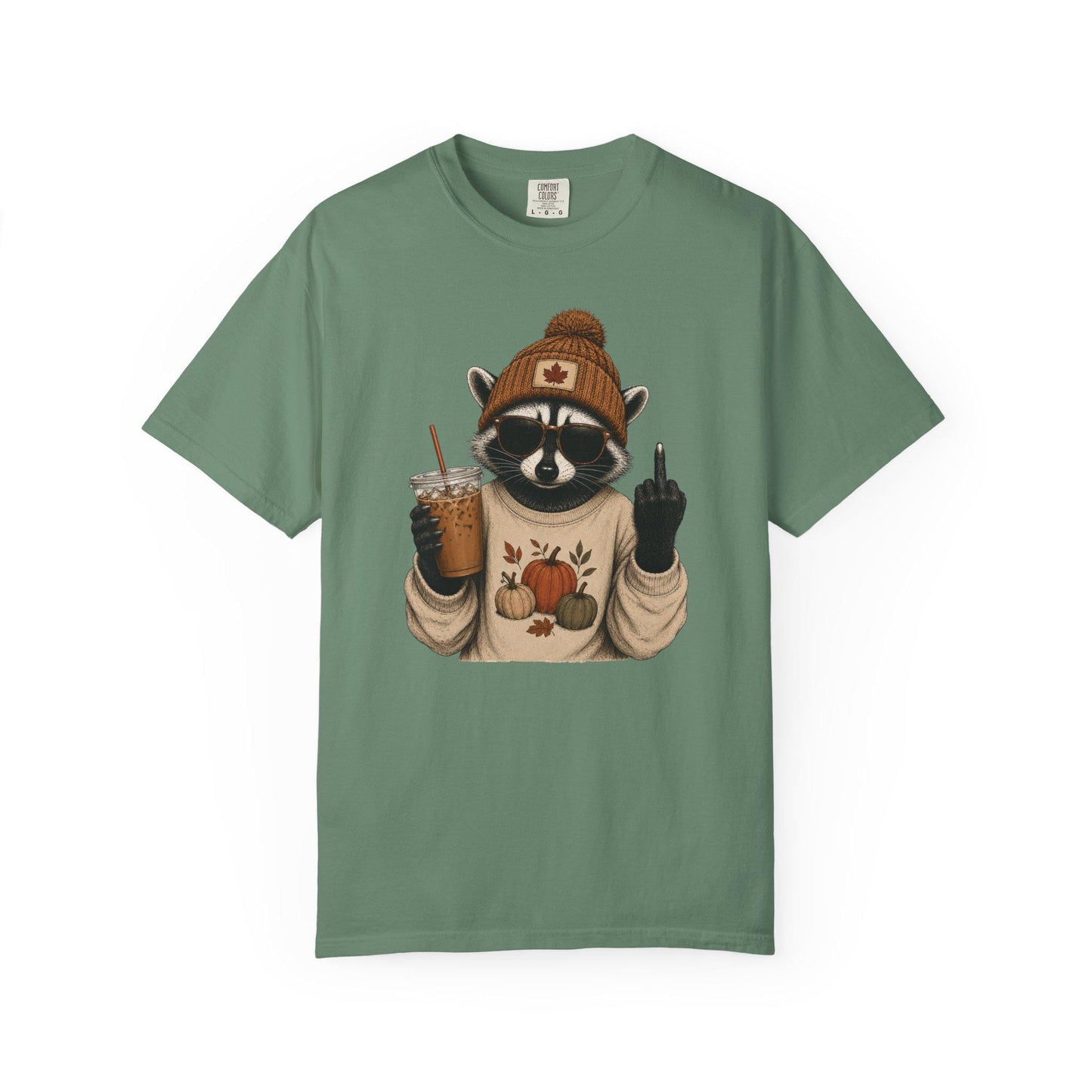 Funny Fall Raccoon Shirt, Cozy Autumn Coffee Lover Tee, Cute Woodland Animal Graphic T-Shirt, Pumpkin Season Gift