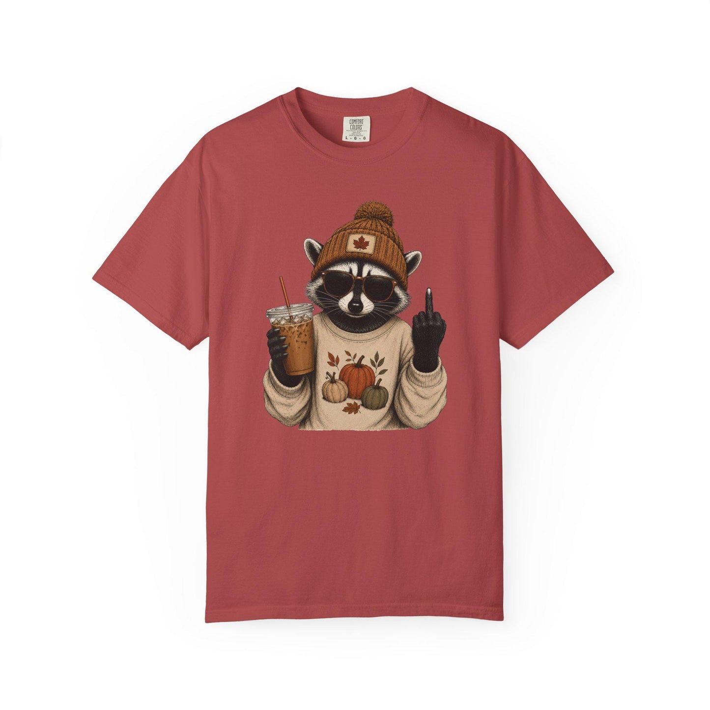Funny Fall Raccoon Shirt, Cozy Autumn Coffee Lover Tee, Cute Woodland Animal Graphic T-Shirt, Pumpkin Season Gift