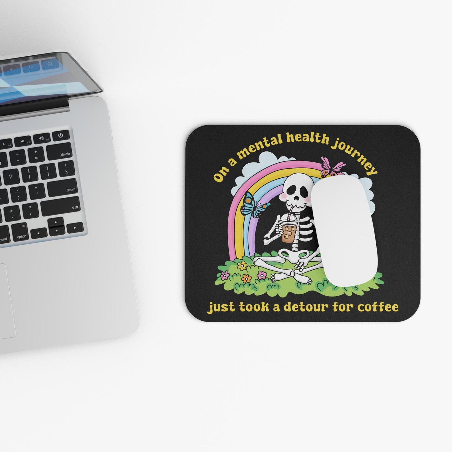 Funny Anxiety Coffee Lover Mouse Pad, Cute Skeleton Mental Health Office Decor