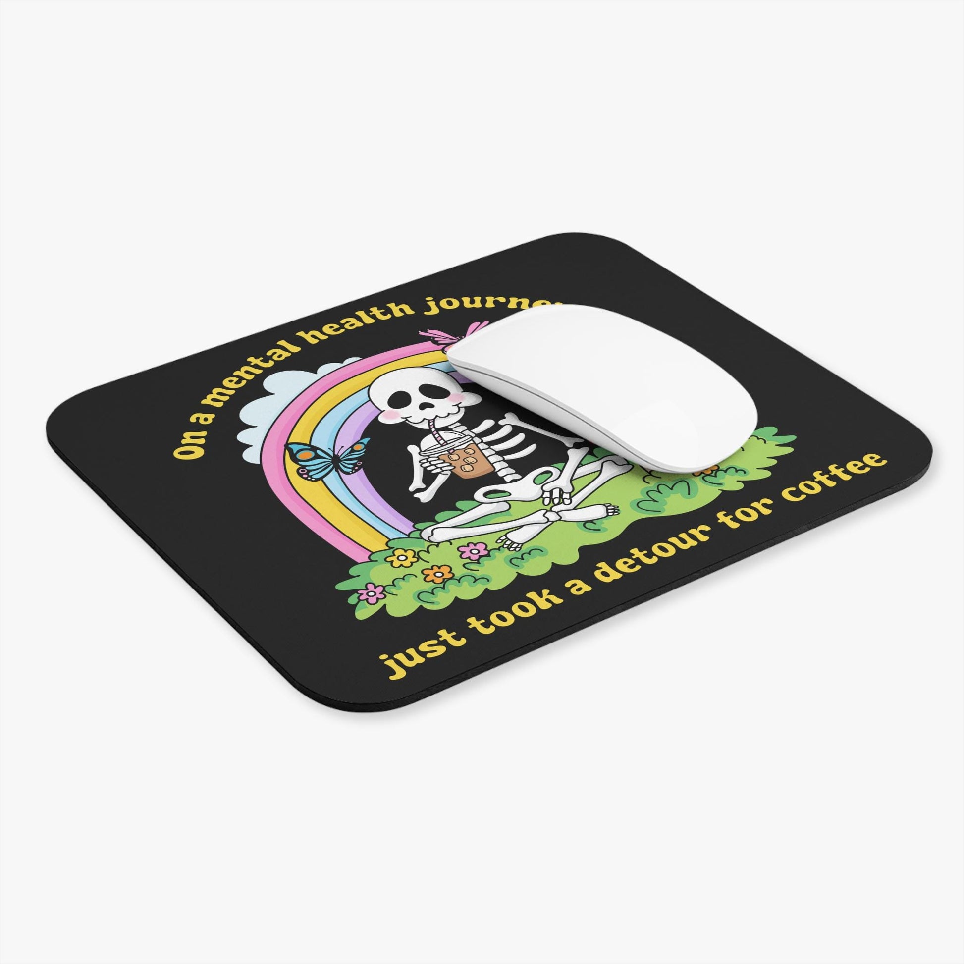 Funny Anxiety Coffee Lover Mouse Pad, Cute Skeleton Mental Health Office Decor