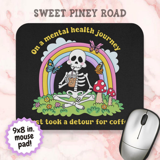 Funny Anxiety Coffee Lover Mouse Pad, Cute Skeleton Mental Health Office Decor