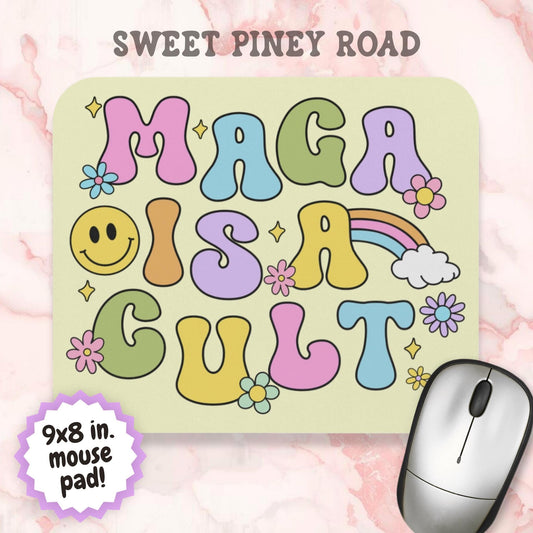 Funny MAGA Is A Cult Mouse Pad, Anti-Trump FDT Pastel Rainbow Office Decor