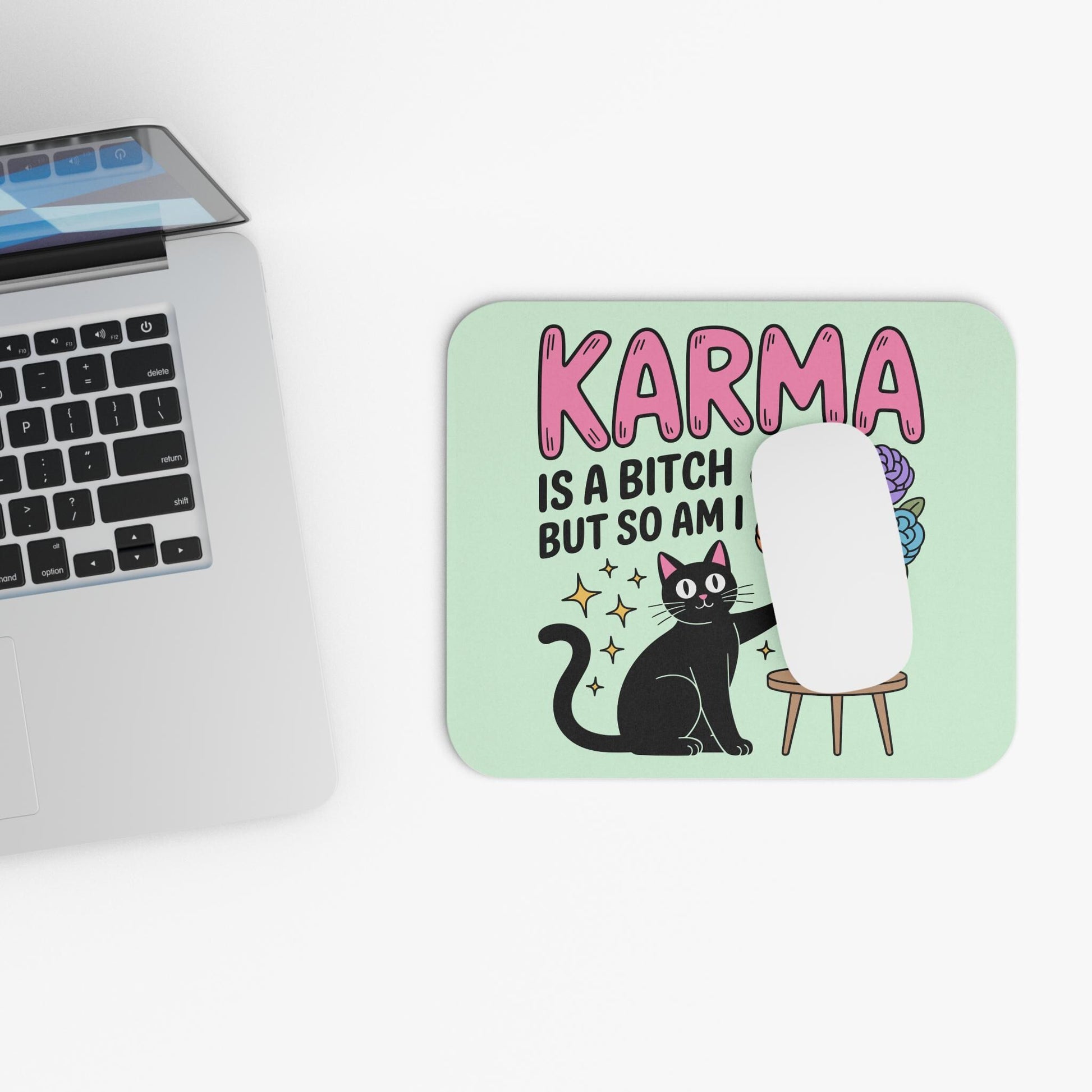 Karma Is a B*tch Mouse Pad, Funny Cat Desk Accessory, Sarcastic Office Humor Gift, Black Cat Lover Desk Decor, Snarky Coworker Gift