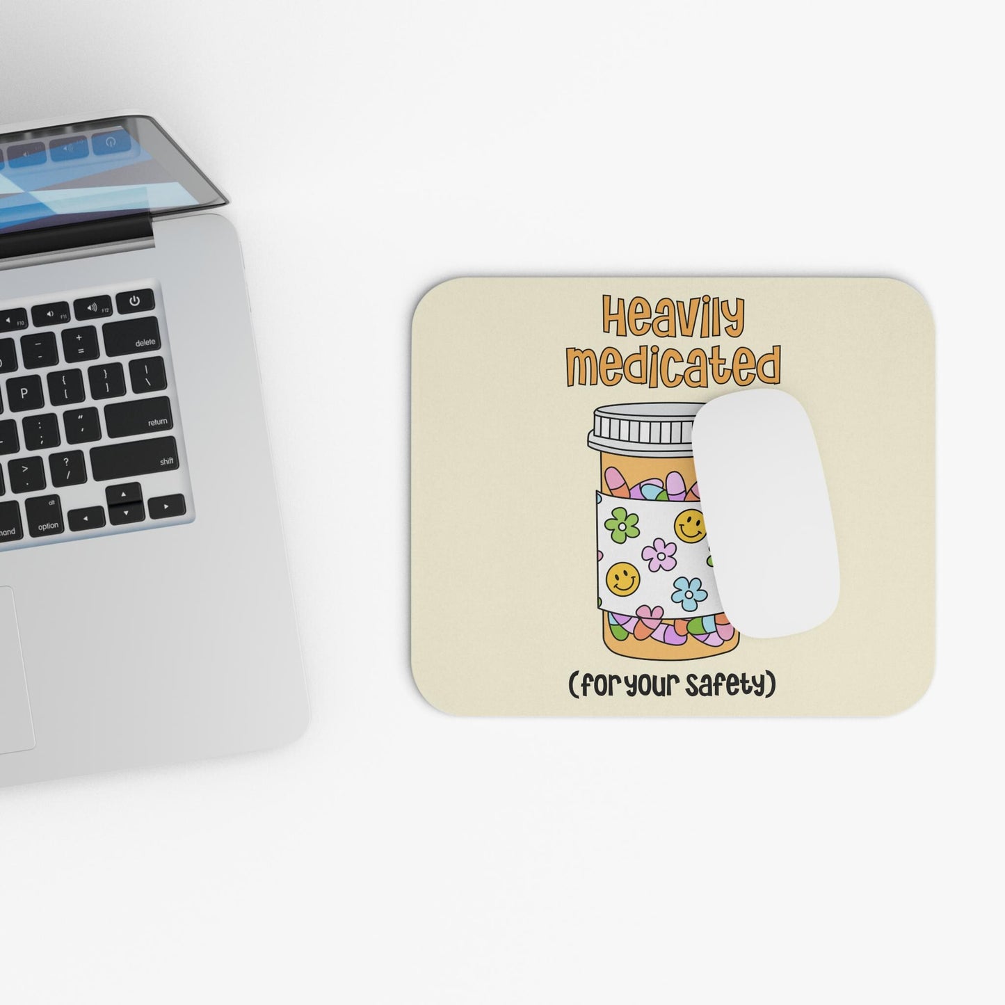 Heavily Medicated For Your Safety Mouse Pad, Funny Prescription Bottle Desk Accessory, Sarcastic Office Humor Gift, Cute Mental Health Decor