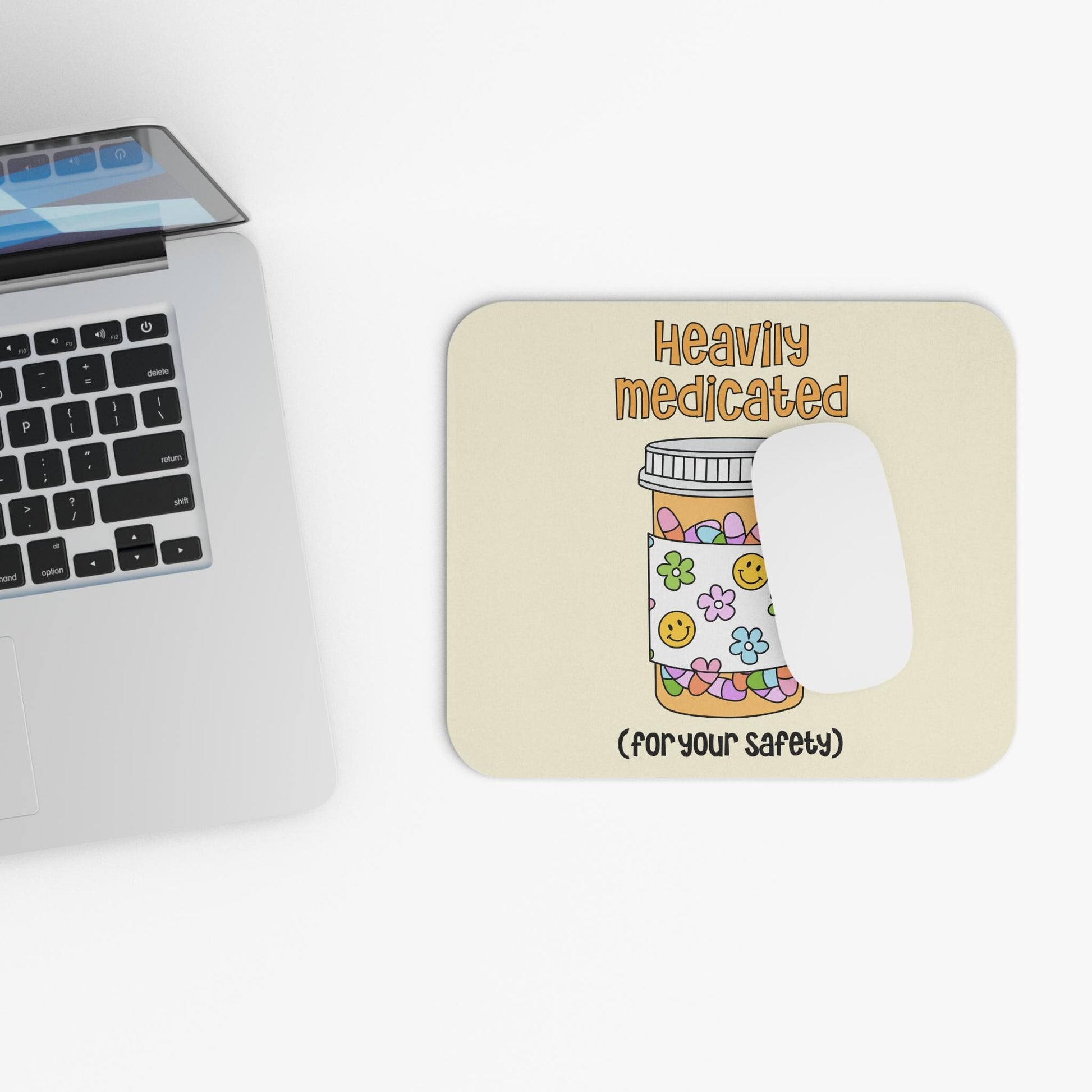 Heavily Medicated For Your Safety Mouse Pad, Funny Prescription Bottle Desk Accessory, Sarcastic Office Humor Gift, Cute Mental Health Decor