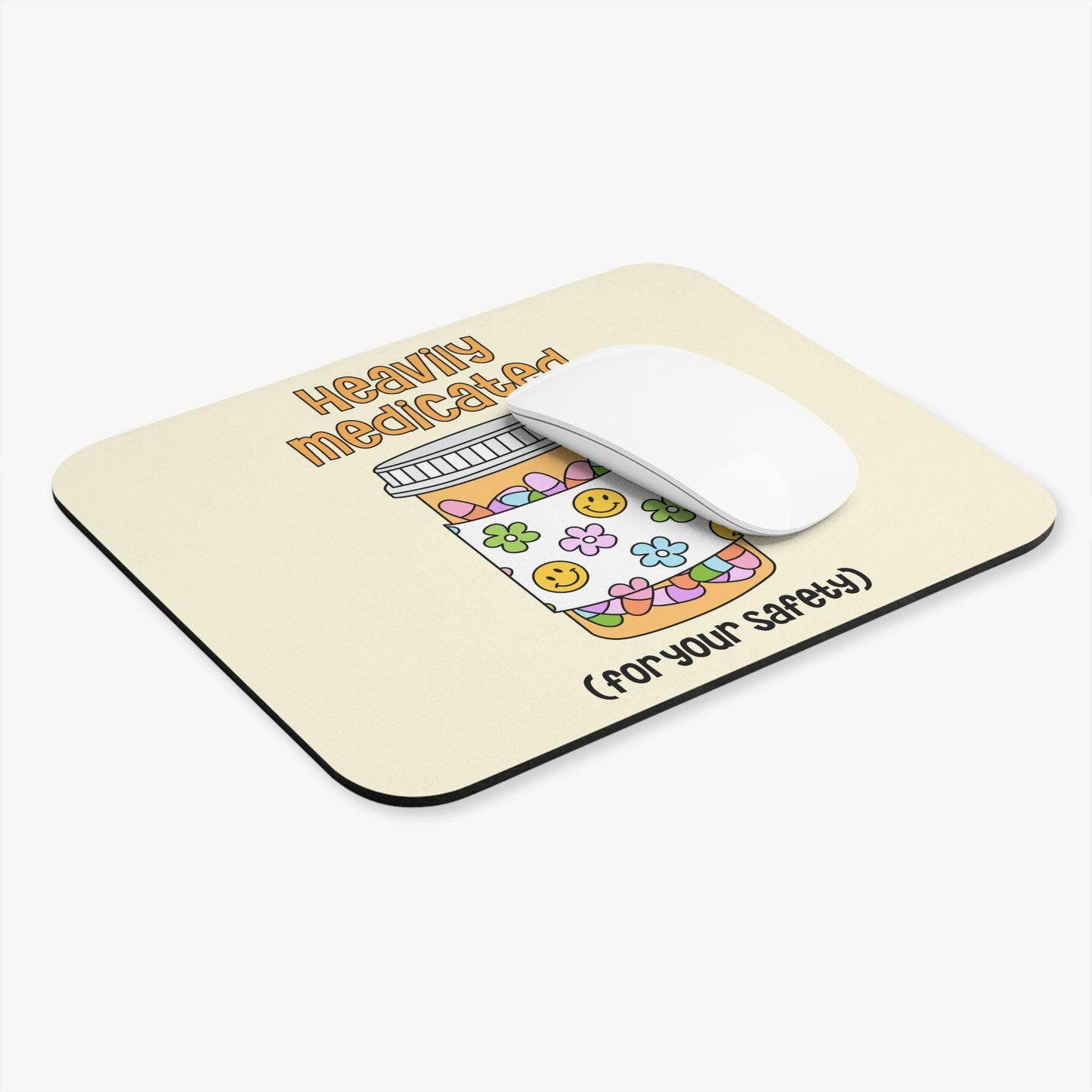 Heavily Medicated For Your Safety Mouse Pad, Funny Prescription Bottle Desk Accessory, Sarcastic Office Humor Gift, Cute Mental Health Decor
