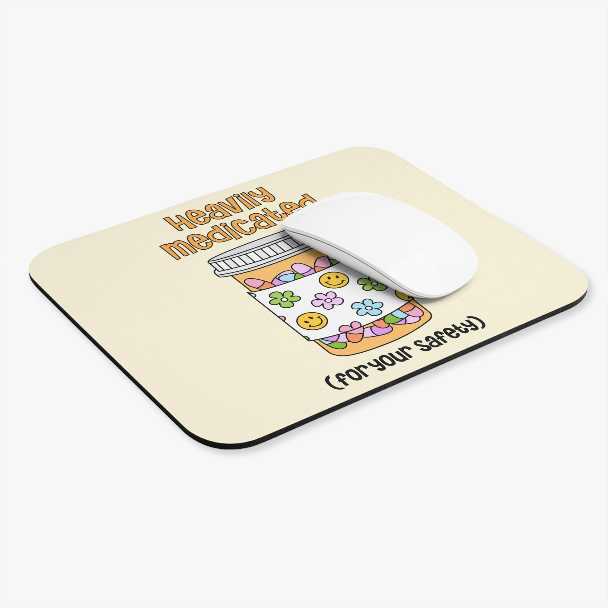 Heavily Medicated For Your Safety Mouse Pad, Funny Prescription Bottle Desk Accessory, Sarcastic Office Humor Gift, Cute Mental Health Decor