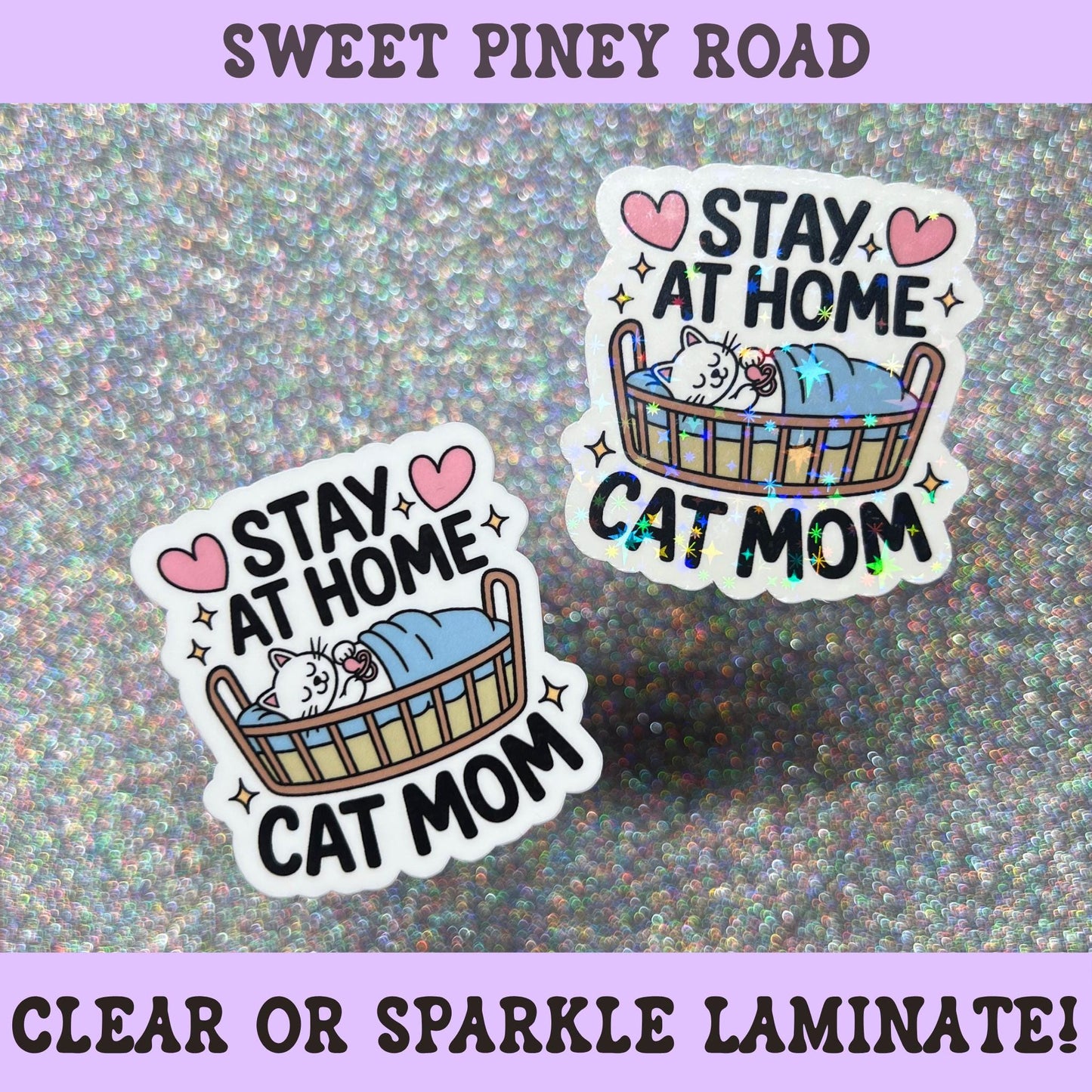 Cute stay at home cat mom sticker featuring a sleeping cat in a cozy bed with sparkly accents, perfect for cat lovers and introverts.