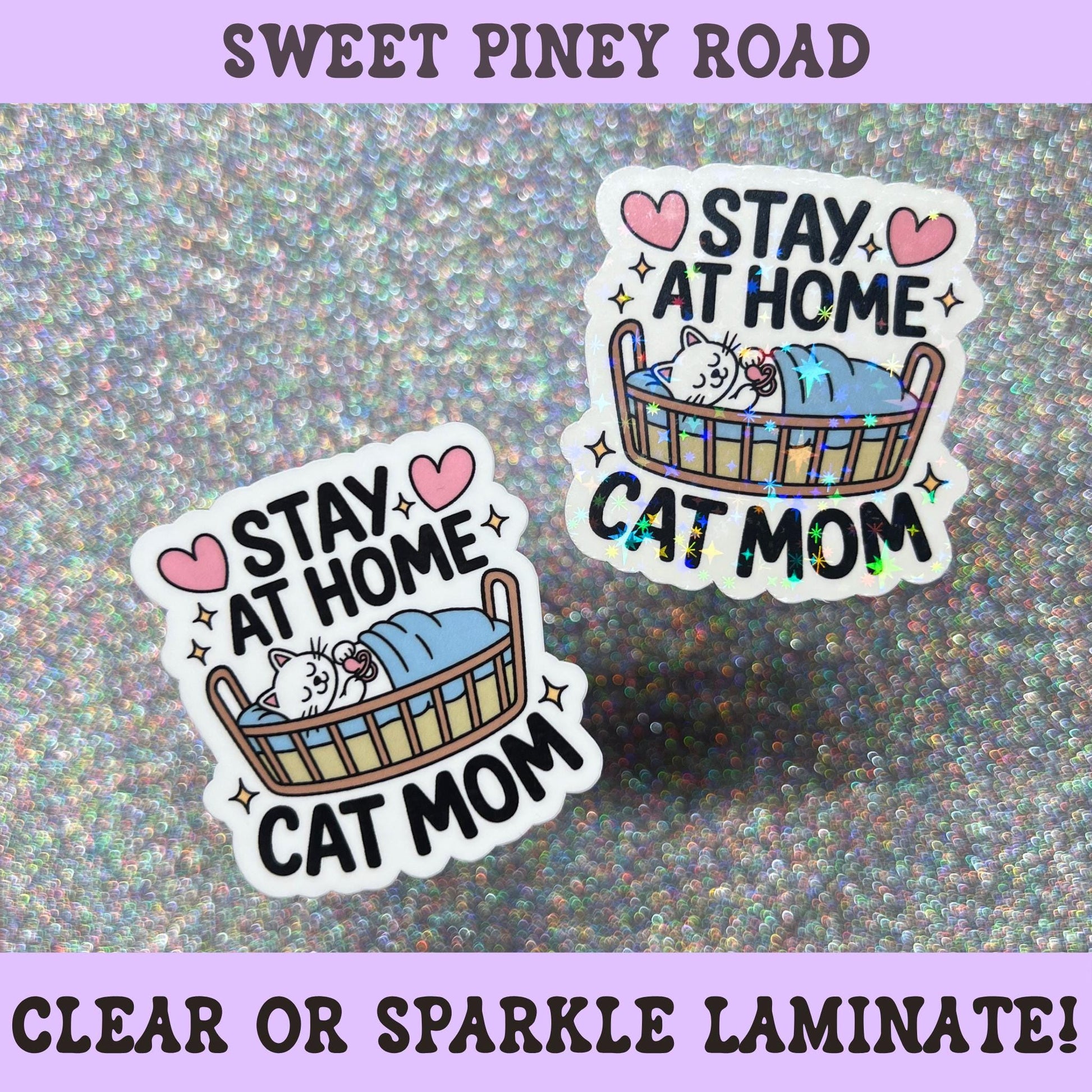 Cute stay at home cat mom sticker featuring a sleeping cat in a cozy bed with sparkly accents, perfect for cat lovers and introverts.