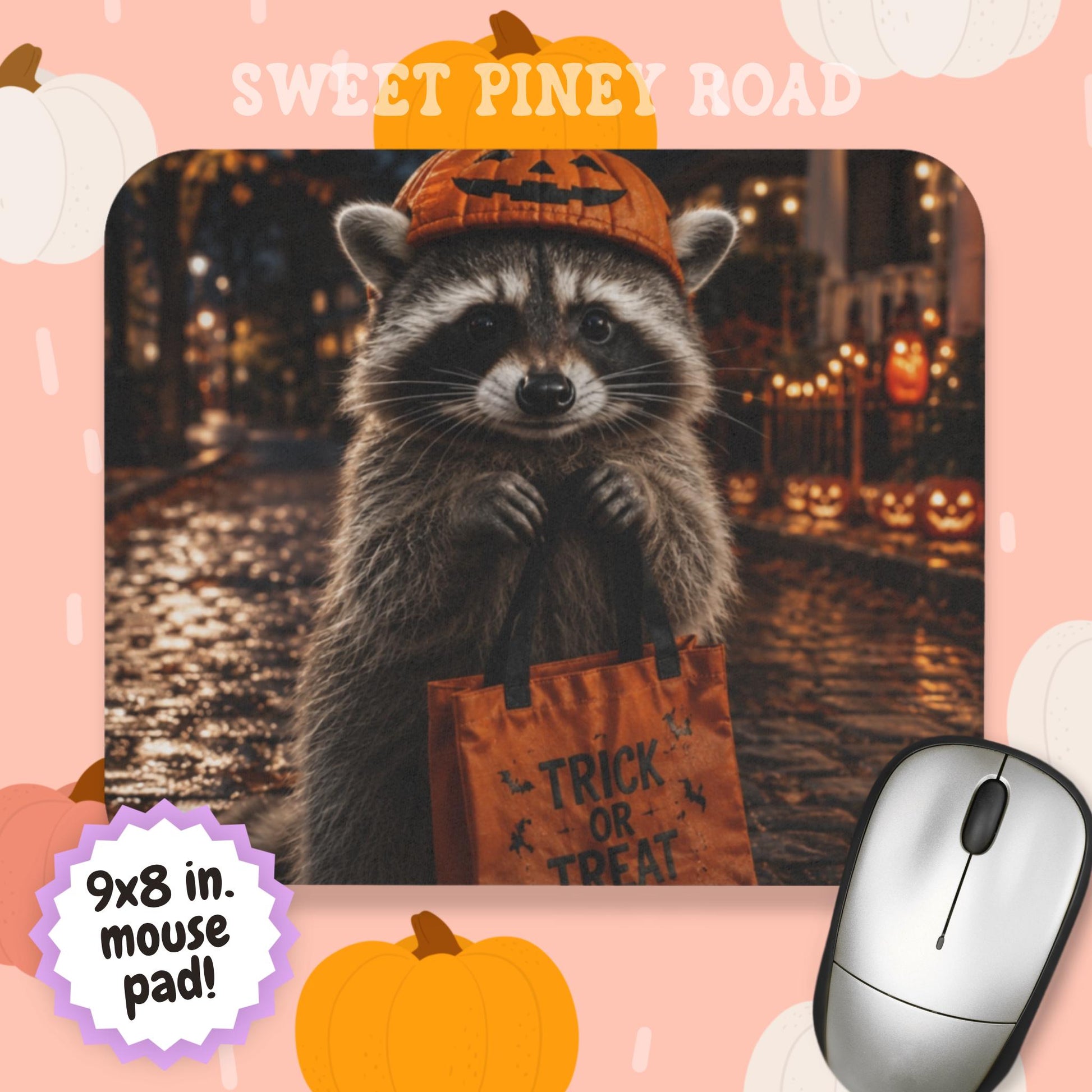 Halloween Raccoon Mouse Pad, Cute Trick or Treat Raccoon Desk Accessory, Spooky Fall Decor, Autumn Animal Gift, Halloween Office Decor