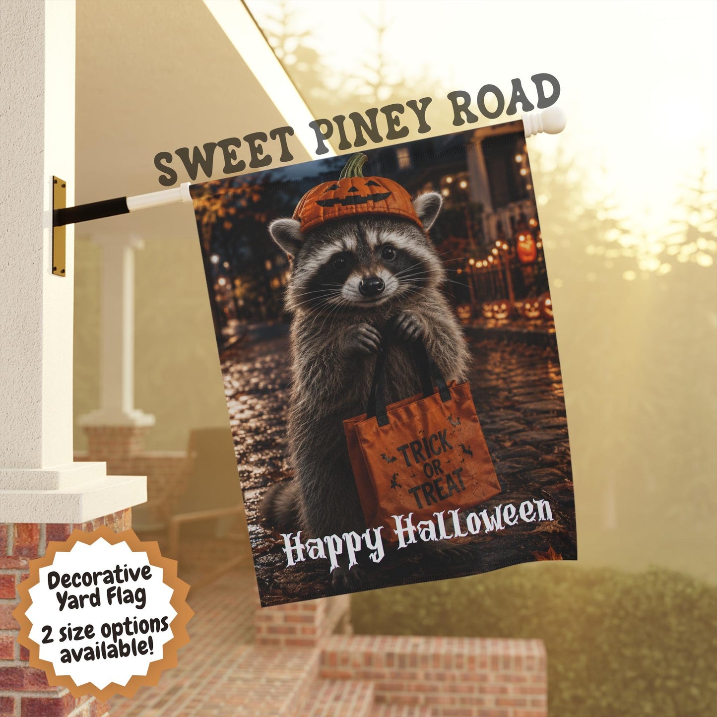 Halloween Raccoon Yard Flag, Cute Trick or Treat Raccoon Garden Flag, Spooky Fall Porch Decor, Autumn Outdoor Decoration