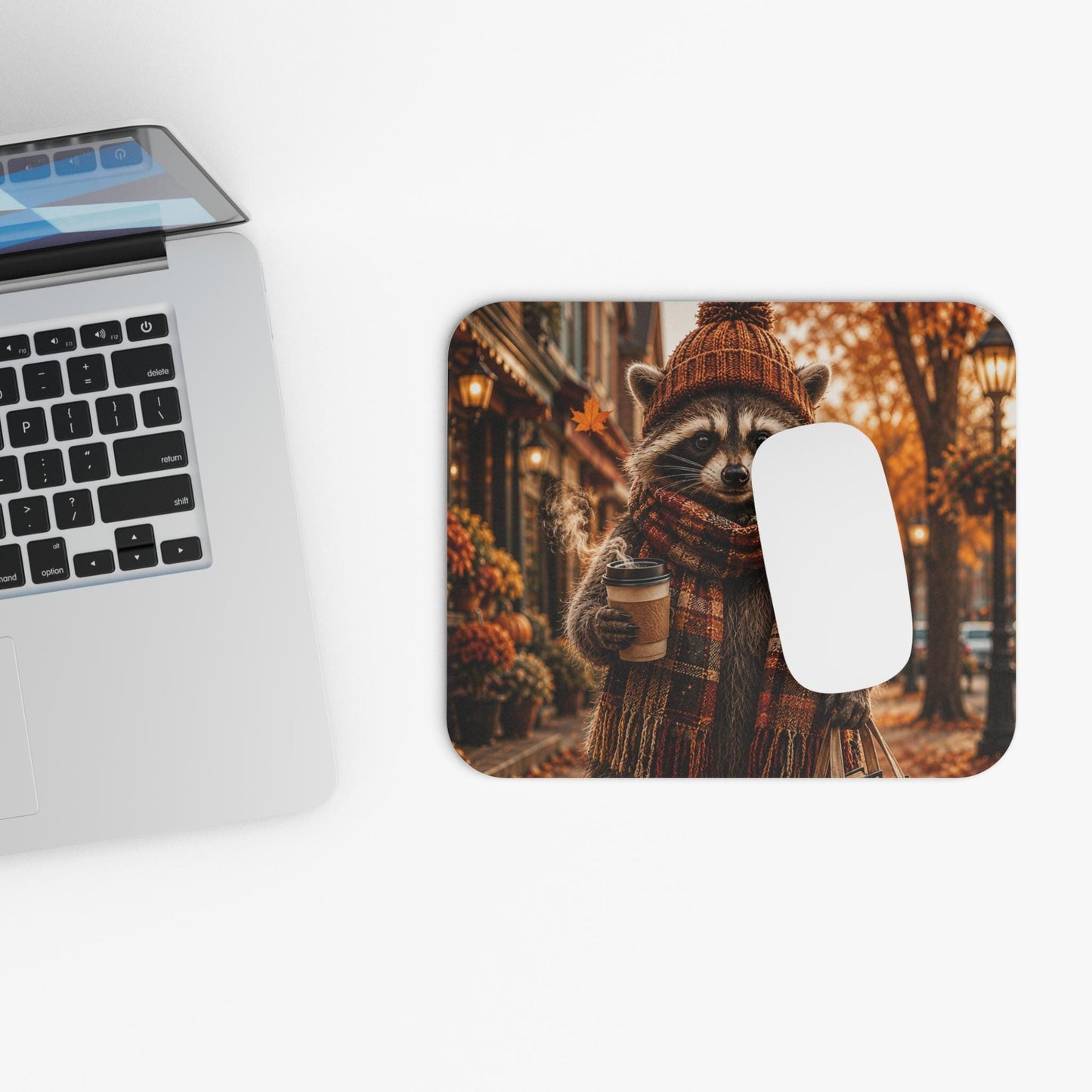 Autumn Raccoon Mouse Pad, Cozy Fall Raccoon Desk Accessory, Pumpkin Spice Coffee Decor, Cottagecore Animal Gift, Fall Office Mousepad