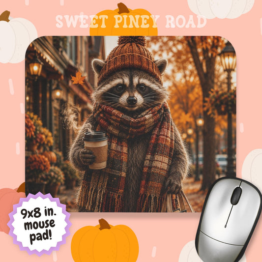 Hyper-realistic raccoon wearing a knitted autumn beanie and plaid scarf while holding a steaming coffee on a charming fall street lined with colorful leaves and cozy seasonal decorations.